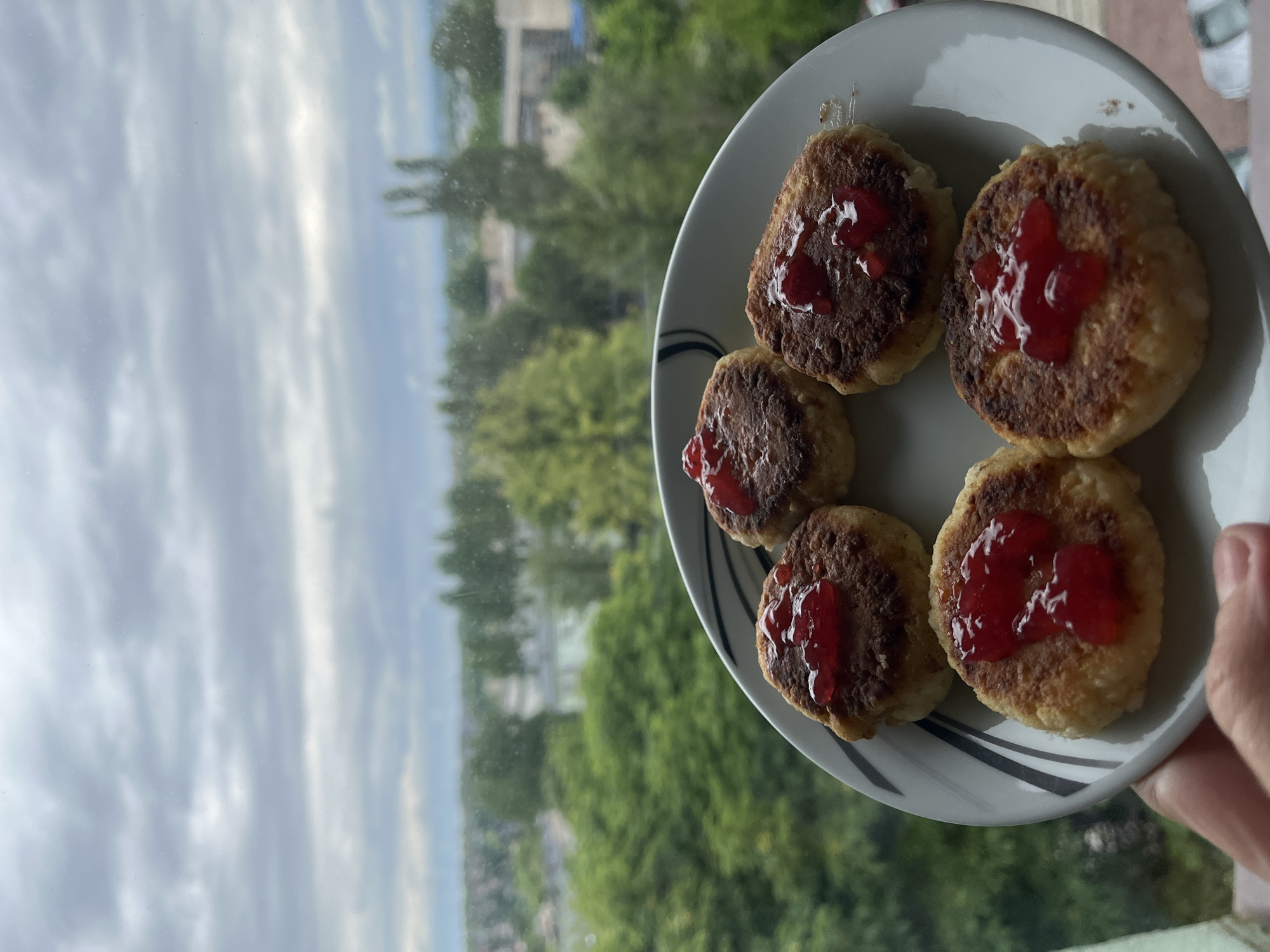 A hand holds a white plate of syrniki (small cheese pancakes) topped with red jam, positioned in front of a window overlooking a cityscape with green trees and a cloudy sky. The syrniki are golden brown and have a slightly irregular shape. The plate has a black and white striped rim. The background shows buildings and lush foliage, suggesting an urban environment with abundant greenery.