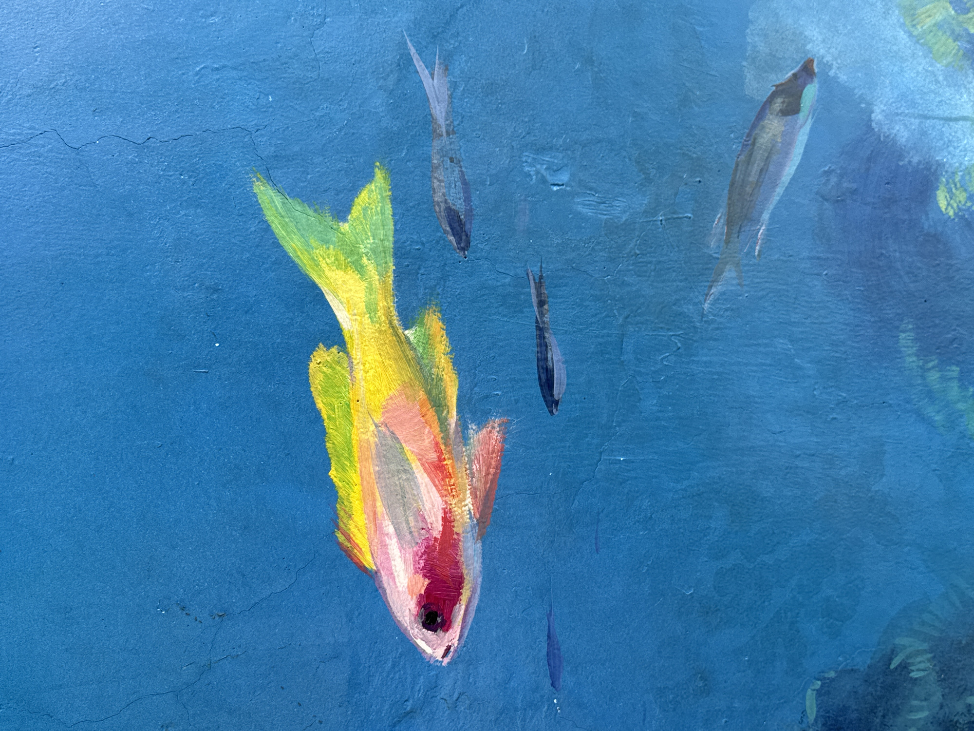 This is a close-up shot of a colorful painting of fish swimming in blue water. The main subject is a large, brightly colored fish with streaks of pink, yellow, and green, swimming from left to right. Below and to the right of this fish are several smaller, less colorful fish. The background is a vibrant, textured blue, suggesting an underwater environment. The painting appears to be on a wall, with visible cracks in the surface, indicating it might be a mural or part of an outdoor decoration. The style is impressionistic, with visible brushstrokes adding texture and depth to the scene. The location in Da Nang, Vietnam is not identifiable from the image itself.