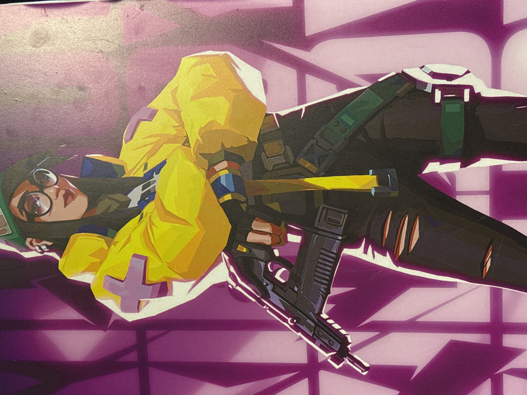 The image is an illustration of a character, likely from a video game, lying on her side against a purple grid background. She wears a yellow jacket with a purple cross on the sleeve, black pants with green straps, and glasses. She is holding a black and yellow gun. There is no evidence in the image to suggest it is in Votkinsk, Russia.