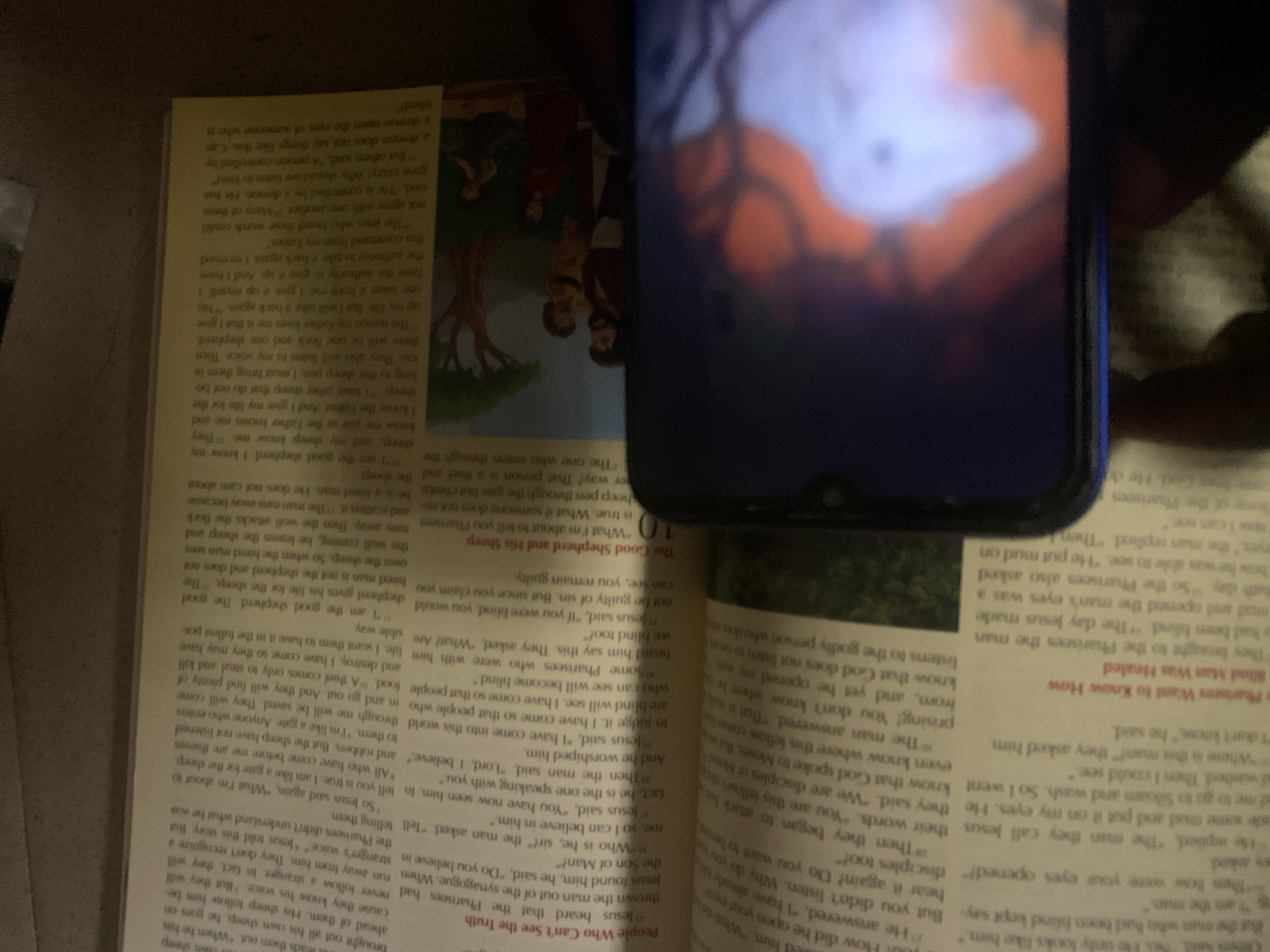 The image shows an open book with text in English, likely a religious text, with a smartphone in the foreground obscuring part of the book. The book appears to be a bible, with chapter and verse numbers visible. The smartphone screen displays a colorful, abstract image, possibly a wallpaper. The background is out of focus. There are no discernible elements in the image that indicate the location as Jauro Yinu, Nigeria, or any specific city.