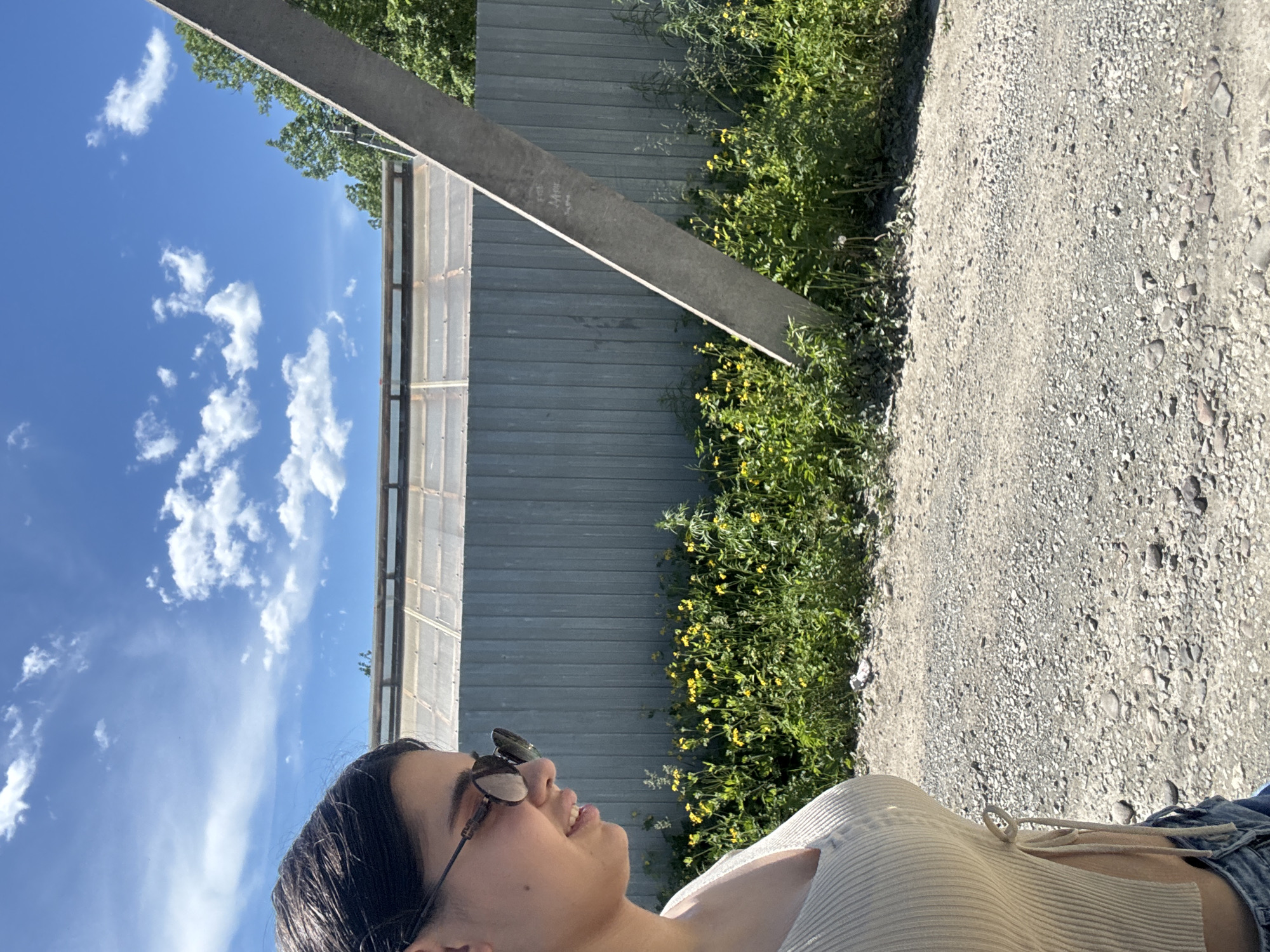 In a sunlit outdoor scene, a young woman with dark hair and sunglasses walks near a grey corrugated metal fence. She wears a light-colored ribbed top and denim bottoms. Behind the fence, a greenhouse structure is visible. A large, angled concrete beam stands in the foreground, with greenery and yellow wildflowers growing at its base. The ground is covered in gravel. The sky is blue with scattered white clouds. This scene is in Birobidzhan, Russia.