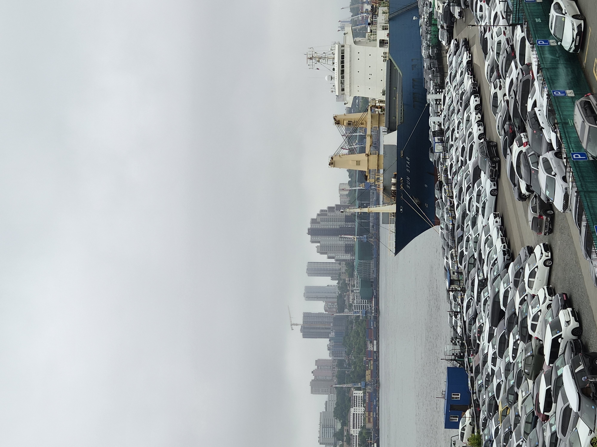 The image depicts a car shipping terminal in Vladivostok, Russia, on an overcast day. In the foreground, rows upon rows of cars are parked, awaiting transport. The vehicles are mostly white and silver, with a variety of makes and models visible. A large blue cargo ship, named "SUN STAR," is docked in the background, its hull partially obscured by the parked cars. The ship appears to be a car carrier, designed for transporting vehicles.
Beyond the ship, the cityscape of Vladivostok rises, characterized by a dense collection of tall buildings, including apartment complexes and office towers. Several construction cranes are also visible, indicating ongoing development in the city. The scene suggests a bustling port operation, with vehicles being loaded or unloaded from the ship. The overall atmosphere is industrial and functional, typical of a major port city.