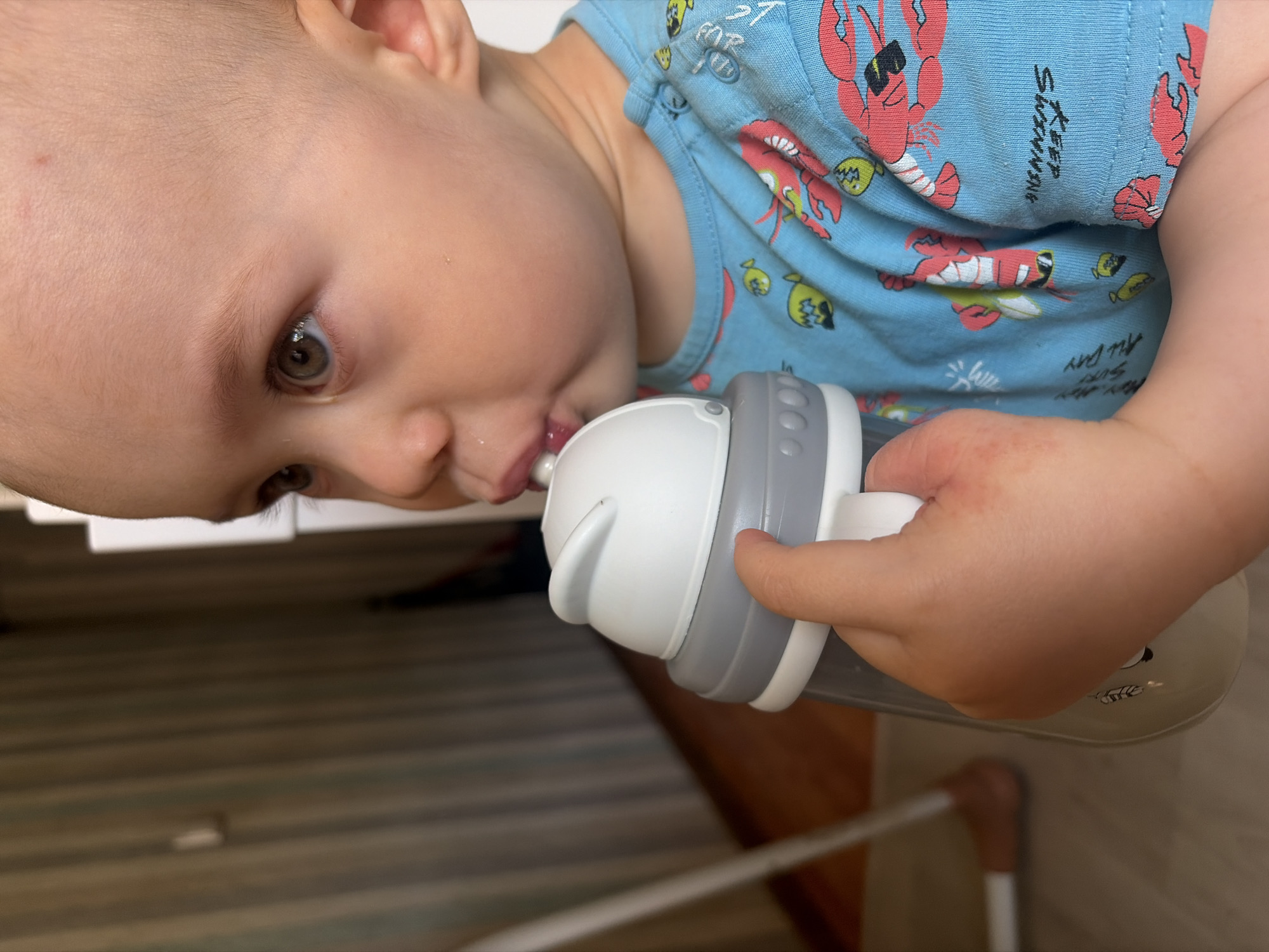 A young child, likely a toddler, is drinking from a sippy cup. The child has light skin and brown hair, and is wearing a blue t-shirt with a print featuring lobsters and the words "Keep Swimming All Day." The cup is white with gray accents and has a curved spout. The child is holding the cup with one hand. The background is out of focus, but shows a tiled floor and a white wall. The image appears to be taken indoors. There is no evidence to suggest that the photo was taken in Chaikovsky, Russia.
