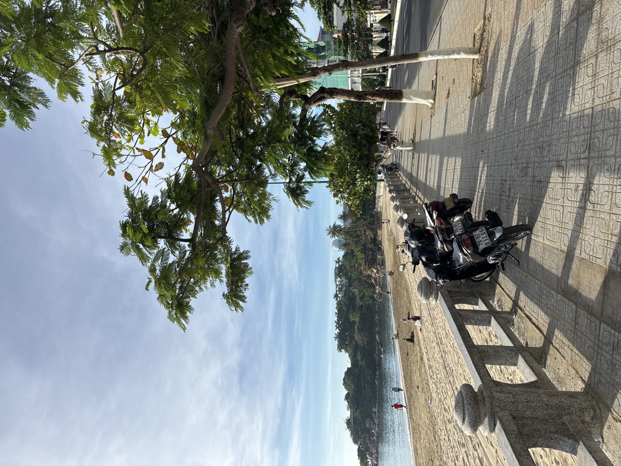 The image captures a coastal scene in Bac Nha Trang Ward, Vietnam. A tiled walkway, lined with trees and motorbikes, runs parallel to a sandy beach and the ocean. People are scattered along the beach, some walking near the water's edge. A forested headland is visible in the background. The sky is light blue with wispy clouds. The trees cast shadows on the tiled walkway.