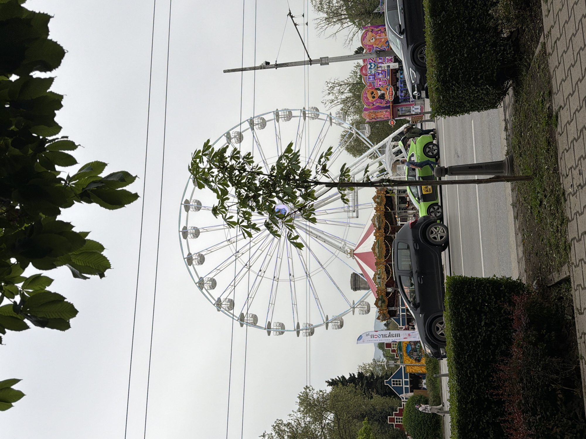 The image shows a Ferris wheel in Sofia, Bulgaria. It is positioned in front of a carousel and a game booth. A green mini taxi is parked on the street, and a black car is parked behind it. People are standing near the mini taxi, with one appearing to be interacting with the car. A manicured hedge borders the street. Utility poles and wires are visible in the background. The sky is overcast. A leafy tree partially obstructs the view of the Ferris wheel.