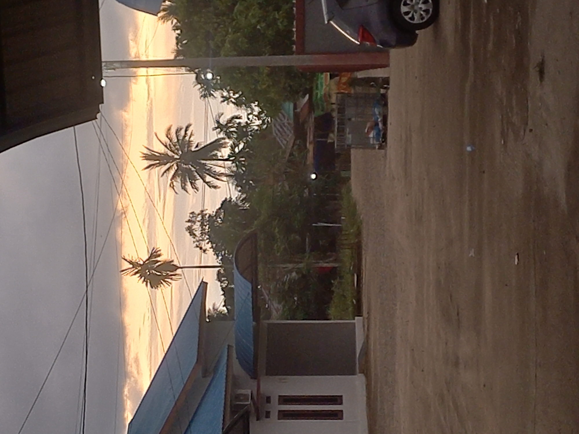 The image depicts an outdoor scene in Puloblang, Indonesia, captured during either sunrise or sunset. The sky, especially on the left and center, is illuminated with warm, soft hues of pale yellow, orange, and light grey clouds, creating a vibrant backdrop.
Several tall palm trees are prominently silhouetted against the bright sky and dense green tropical foliage, appearing across the middle and background of the image. These trees, along with other unidentifiable green growth, indicate a lush, tropical environment. Utility lines and a pole are also visible, cutting across the sky, mostly in silhouette.
In the foreground on the left, part of a building with a distinct light blue corrugated roof and white or grey walls is visible. On the right side of the frame, a dark-colored car, possibly blue or grey, is parked with its rear section and one wheel visible on a rough, unpaved road or pathway that extends towards the background. Through the trees in the distance, glimpses of other modest structures or stalls can be discerned.
The scene portrays a quiet, static moment without any visible people or ongoing activity. The time of day, characterized by the warm, low light, imparts a calm and serene atmosphere to the rural or semi-urban setting. There is no visible text in the image.