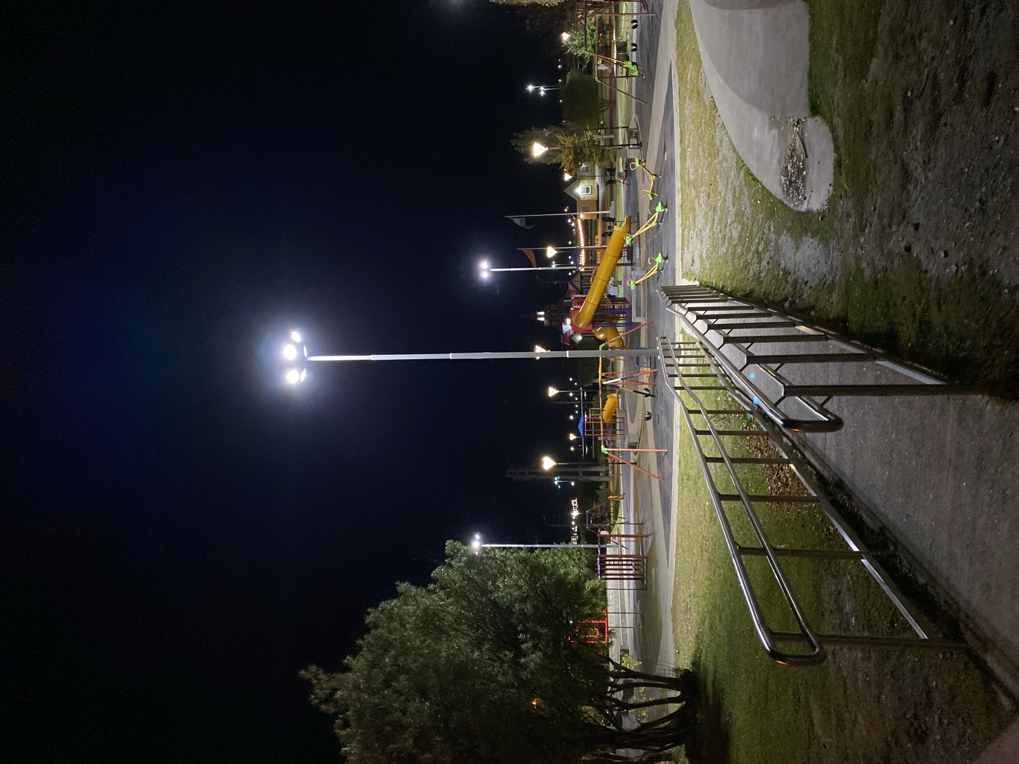 The image depicts a playground at night in Ushuaia, Argentina. The scene is illuminated by several streetlights. Playground equipment, including slides and swings, is visible. A metal railing is in the foreground. A tree is present on the left side of the image. The sky is dark, indicating it is nighttime.