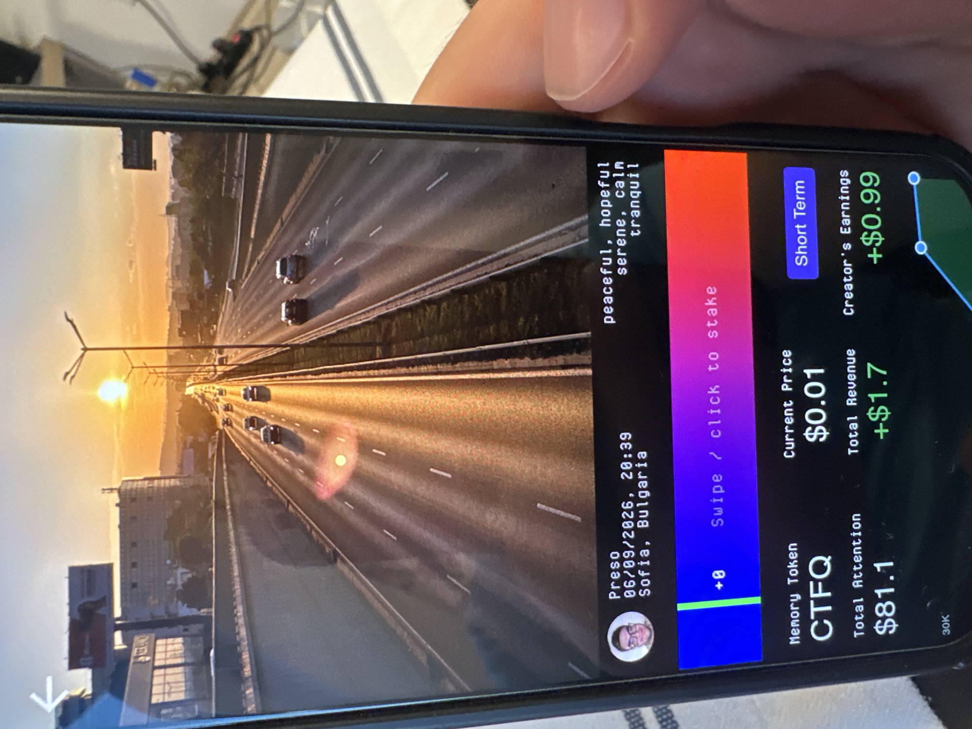 The image shows a smartphone screen displaying a social media post or application interface. The background of the post is a photograph of a highway at sunset, with cars driving on it and the sun low in the sky, casting long shadows. The text overlay on the image describes it as "peaceful, hopeful, serene, calm, tranquil".
Below the image, there is information about the post creator, identified as "Preso," and the location "Sofia, Bulgaria," with a timestamp of "06/09/2026, 20:39."
Further down the screen, there are details about a "Memory Token" named "CTFQ." It lists "Total Attention" as "$81.1", "Current Price" as "$0.01", "Total Revenue" as "+$1.7", and "Creator's Earnings" as "+$0.99". There is also a button or prompt labeled "+0 Swipe / click to stake" within a gradient background from blue to red, and a "Short Term" button. A graph with upward trending lines is visible at the bottom. The phone is held by a person's hand, with a thumb visible on the right side of the screen.