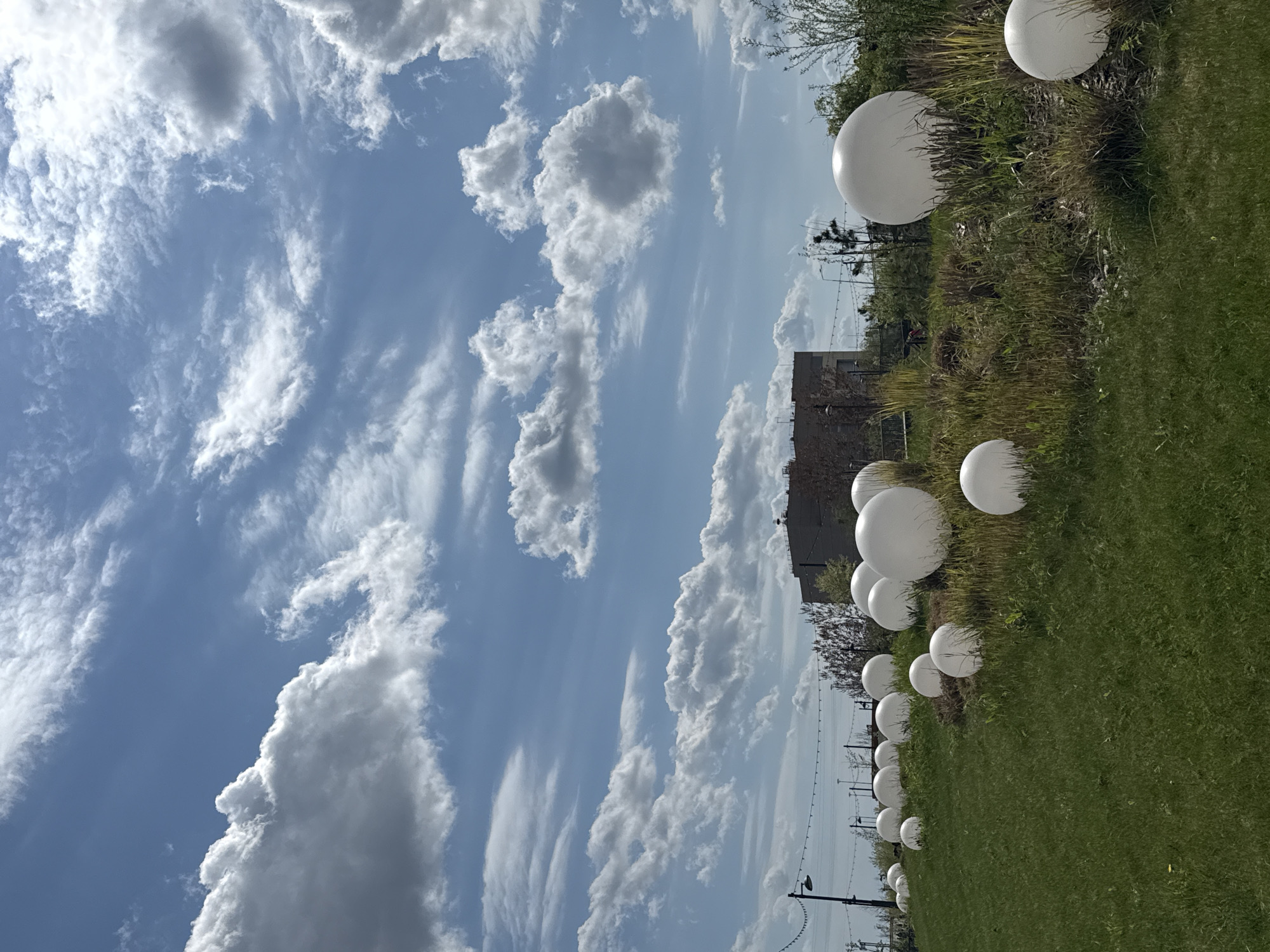 The image shows a scene in Rostov-on-Don, Russia, under a partly cloudy, blue sky. A row of spherical, white decorative lights is placed along a green grassy area. Some lights are embedded in shrubbery or taller grasses. In the background is a building with a flat roof and a light-colored facade. A string of lights hangs above the ground. A few trees are visible near the building.