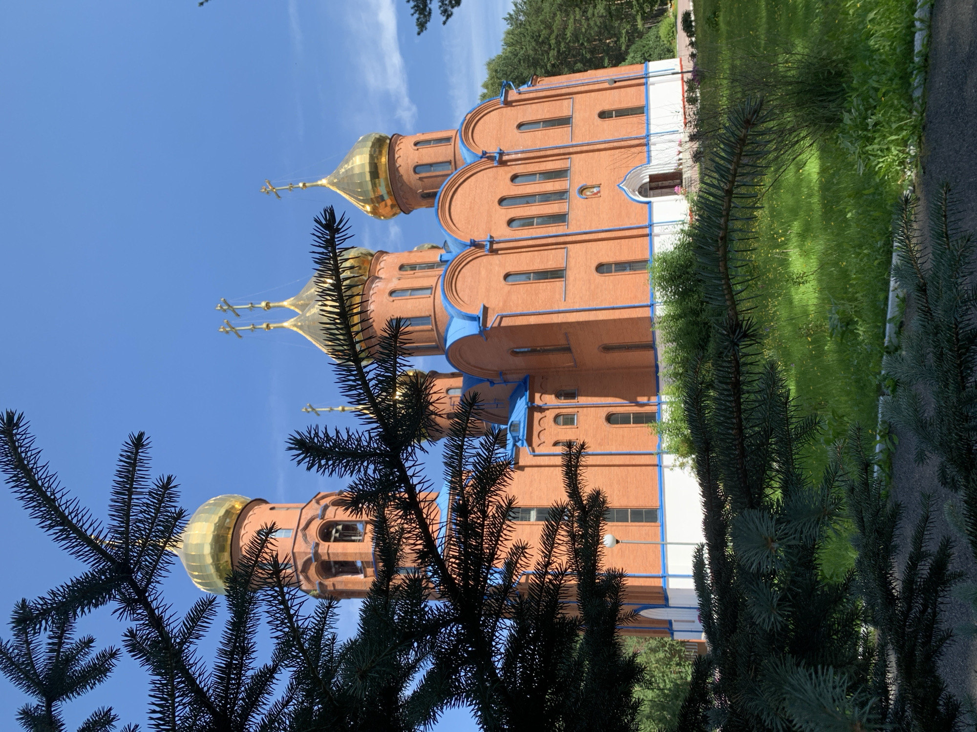 A bright orange brick church with blue trim and gold domes stands against a clear blue sky. The church has a bell tower with arched openings and several domes topped with crosses. Evergreen branches in the foreground partially obscure the view of the church. The church is situated on a grassy hill with scattered trees in the background. This church is likely located in Prokopyevsk, Russia.