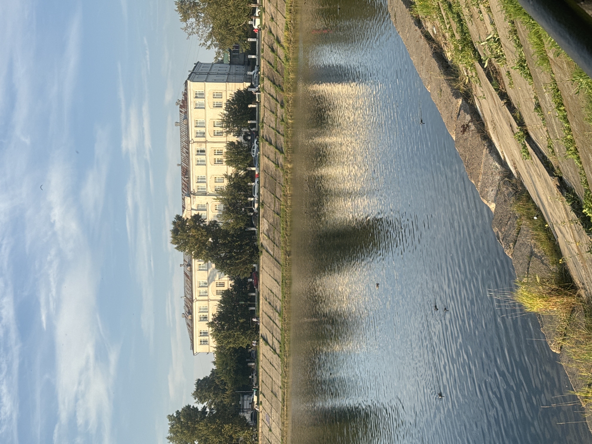 A long, light-colored, multi-story building with a red roof is visible across a wide body of water. The building has many windows arranged symmetrically on its facade. Trees line the area between the building and the water, and several cars are parked along a road in front of the building. The water's surface is rippled and reflects the sky and the building. Concrete embankment slopes down to the water on the right side of the frame, with grass and some plants growing in the crevices. A few ducks are visible on the water. The sky is blue with scattered white clouds. The scene appears to be a waterfront area within a city. This is the Angara River embankment in Irkutsk, Russia, with the building likely being a dormitory or administrative building for Irkutsk State University.