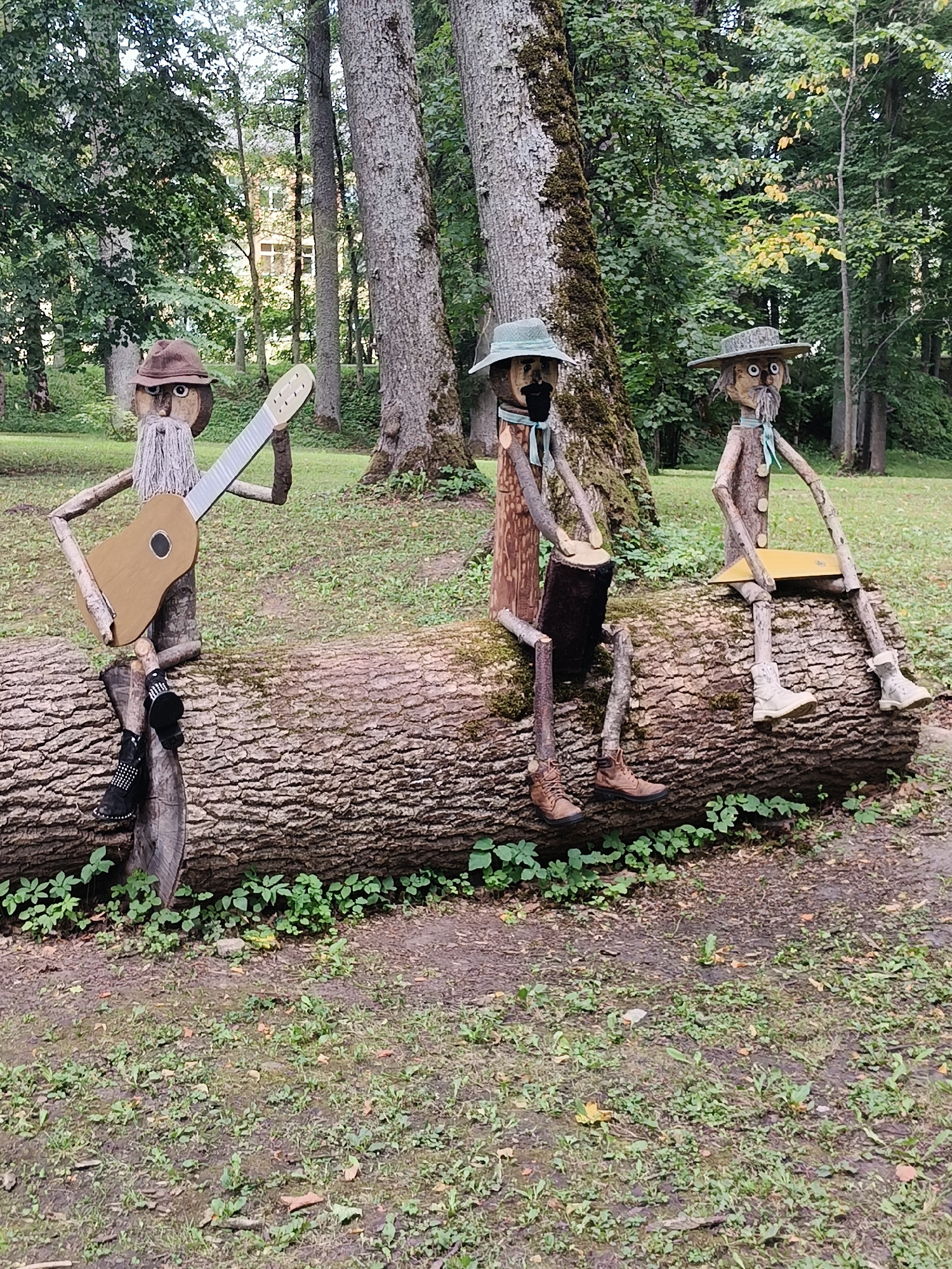 Three wooden figures, resembling people, are seated on a large fallen log in a park. The figure on the left is holding a light brown, guitar-like object and wears a brown hat and black boots with silver studs. The middle figure is seated next to a dark cylindrical object, possibly a drum, and wears a green hat and brown boots. The figure on the right is holding a yellow book or tablet and wears a gray hat and light-colored boots. All figures have stick-like limbs and appear to be made of various wooden materials, with a beard of grey string on the left and middle figures. They are positioned in a natural, wooded environment with grass and trees. The background shows more trees and a building. This scene is located in the park of Koknese, Latvia.