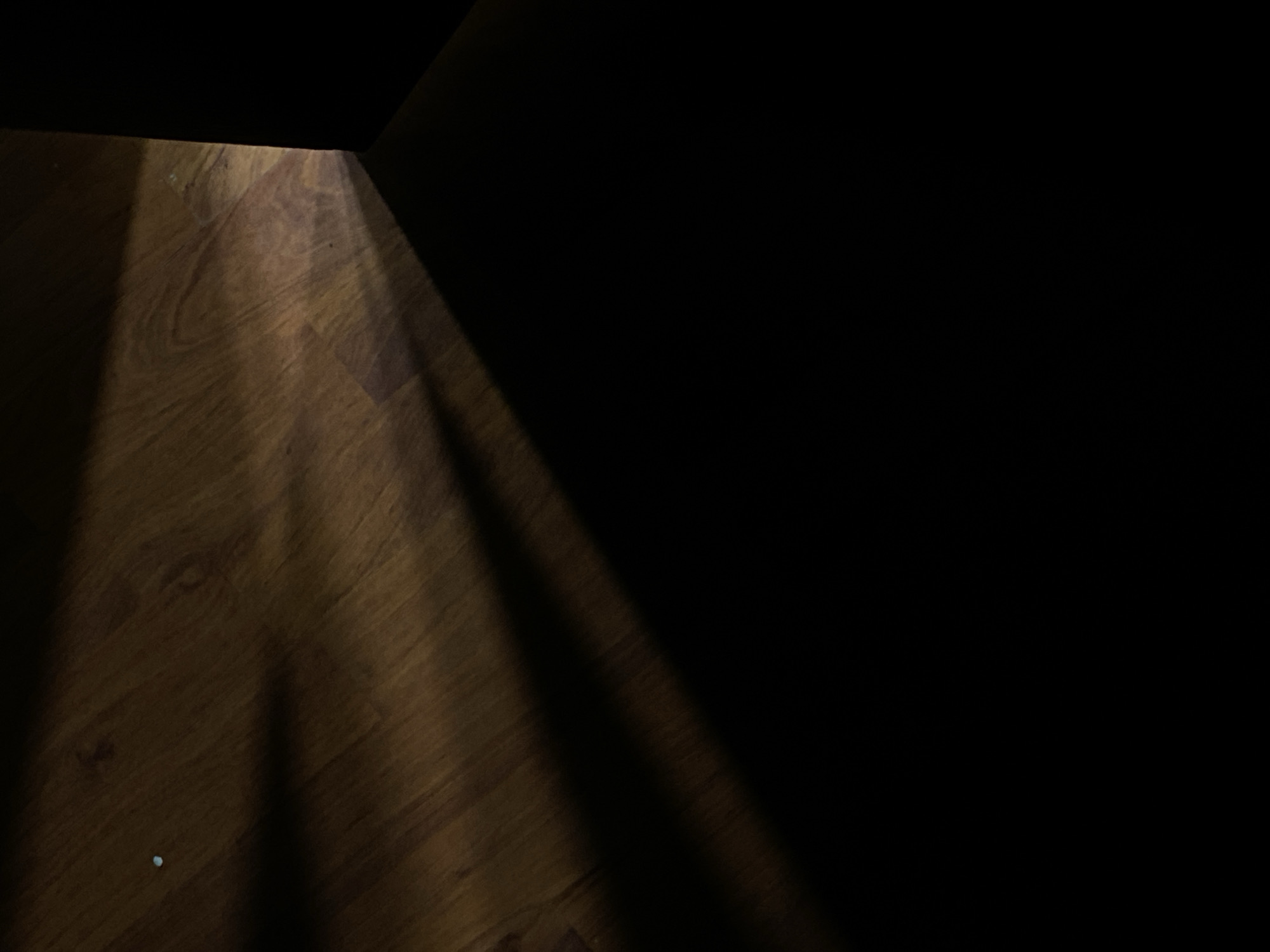 The scene depicts an interior floor located in Chaikovsky, Russia, under low illumination. The upper-left and central-upper areas display a brown wooden floor, likely laminate or hardwood, exhibiting visible grain patterns. A bright, diagonal beam of light originates from an unseen source to the right, illuminating this section of the floor. Within the illuminated area, a small, light blue particulate is visible in the upper-left quadrant, along with faint, translucent smudges on the surface. Multiple dark, elongated shadows, consistent with unidentifiable objects positioned outside the frame to the left, are cast across the wooden planks. The lower-right and central portions of the image are enveloped in deep, featureless shadow, forming a sharp, linear boundary against the illuminated floor. No individuals, actions, or interactions are depicted.