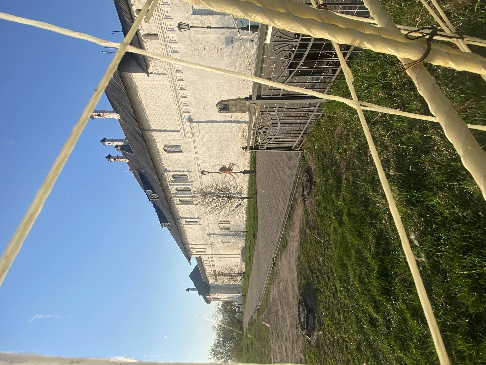 The image depicts a white building complex in Sviyazhsk, Russia, viewed from an unusual, slightly obstructed perspective. The building has multiple levels with evenly spaced windows and a grey roofline marked by small towers and chimneys. The façade is illuminated by sunlight.
In front of the building is a brick pathway flanked by green grass. A wrought-iron fence is visible. A street lamp with a large, orange spider on it is also observed.
The foreground features thick, light-colored ropes or tubing that create a visual obstruction. The sky is a clear blue.