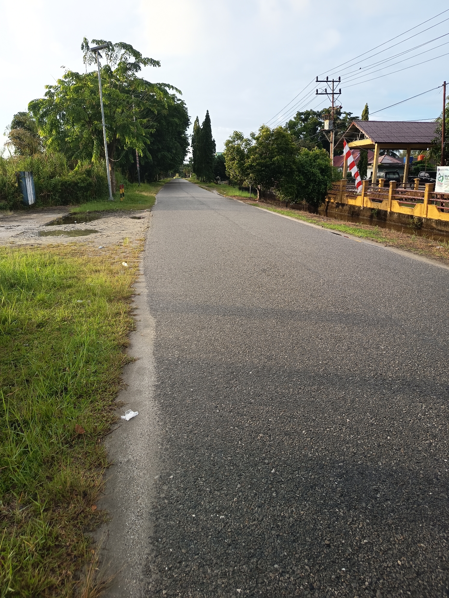 The image depicts a road in Singkil, Indonesia, with green grass lining the left side and a yellow fence with buildings beyond on the right. A street light stands tall on the left, amidst lush green trees. The road is asphalted and appears to be in good condition, with a white line marking the edge. The sky is overcast, suggesting it might be early morning or late afternoon. The overall scene portrays a quiet, rural road in Indonesia.