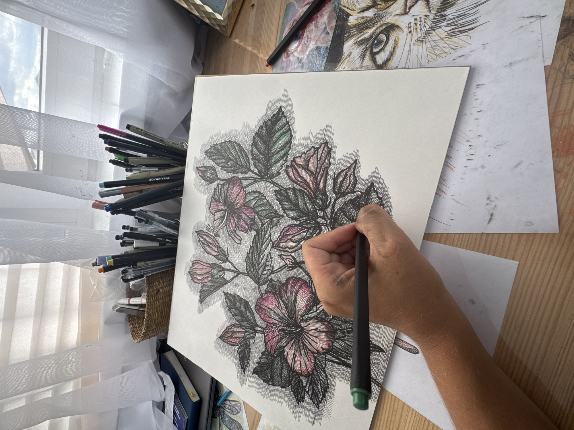 A person's arm and hand are visible, holding a dark pen with a green cap and drawing on a large sheet of white paper. The drawing depicts a cluster of hibiscus flowers and leaves, rendered with fine black lines and some areas of pink and green coloring. The paper rests on a wooden desk. To the left, a stack of notebooks is visible. In the background, a basket filled with various pens and markers sits by a window covered with sheer white curtains, allowing natural light to filter through. Further to the right, a partially visible drawing of a cat's face is on another piece of paper. The scene is set indoors, likely in a studio or workspace, given the art supplies and the nature of the activity. There is no indication of the city of Kempelevo, Russia.