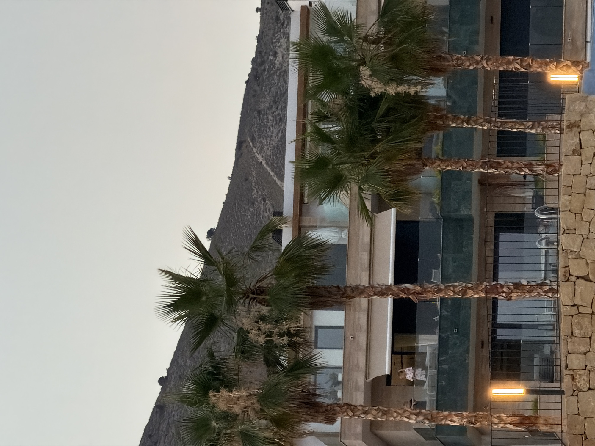 The image depicts a building with multiple balconies in Finestrat, Spain, with palm trees in the foreground. The building appears to be modern, with a light-colored facade and dark green accents on the lower levels. Several palm trees with tall, textured trunks and green fronds are positioned in front of the building. On one of the balconies, a person wearing a light-colored patterned garment is visible. The background features a steep, sparsely vegetated hillside. The sky is overcast with a pale hue. A stone wall and a modern fence are in the lower part of the image, and a vertical outdoor light fixture with an orange glow is present.