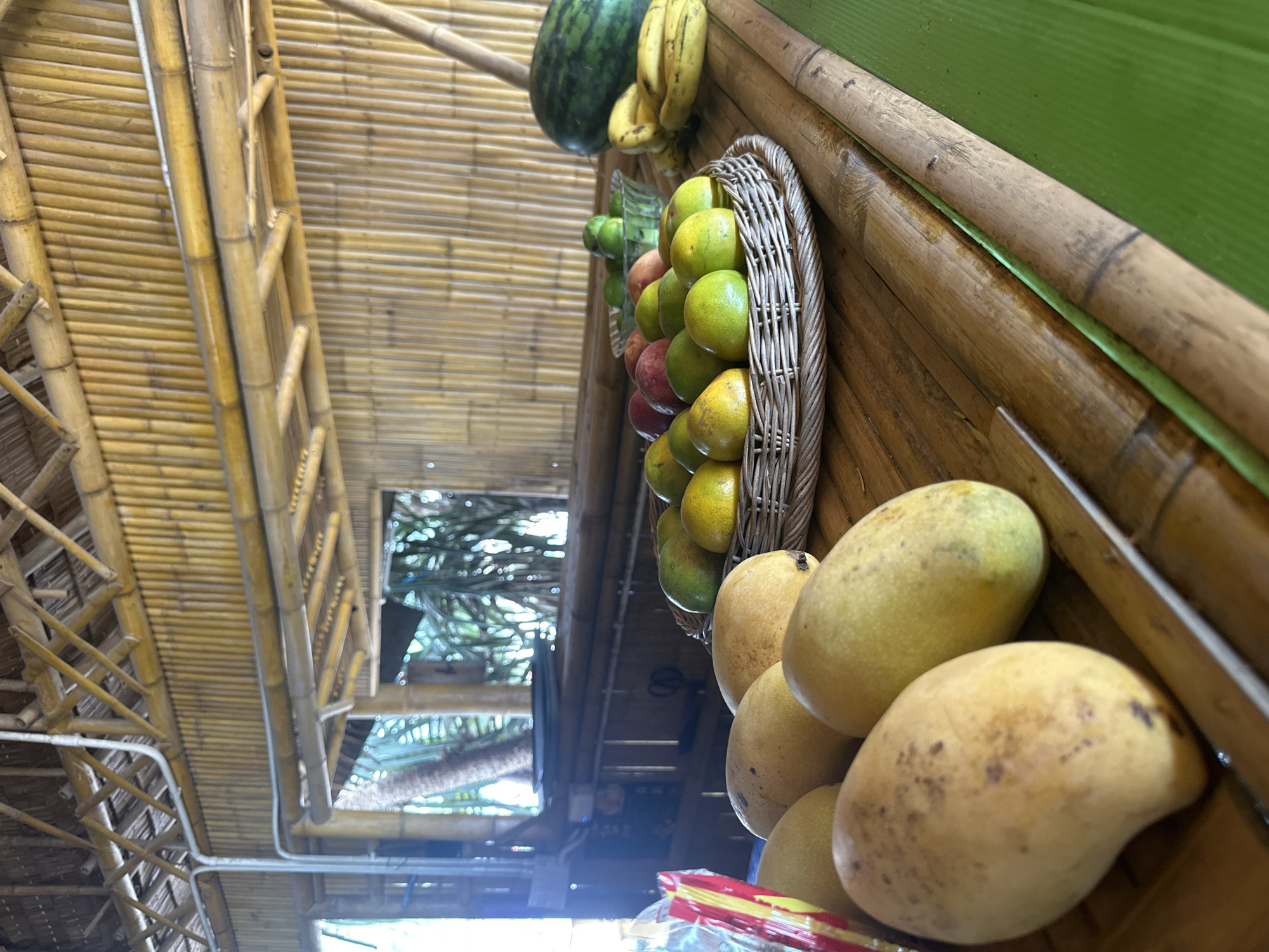 The image shows a close-up view of a fruit display, with a focus on mangoes. Several ripe mangoes, varying in color from yellow to light brown with some reddish-brown spots, are prominently featured in the foreground. They are piled on top of each other, suggesting abundance.
Behind the mangoes, a woven basket is filled with a variety of fruits, including what appear to be green apples or similar round fruits, some with hints of red. Further in the background, a watermelon and a bunch of bananas are visible, adding to the colorful fruit selection.
The setting appears to be an open-air or rustic establishment, possibly a market or a fruit stand. The structure is made of bamboo, with a woven bamboo wall and ceiling visible, creating a natural and tropical ambiance. The lighting suggests it could be daytime, and the overall atmosphere is vibrant and fresh, highlighting the natural beauty of the fruits. There is no visible text in the image.