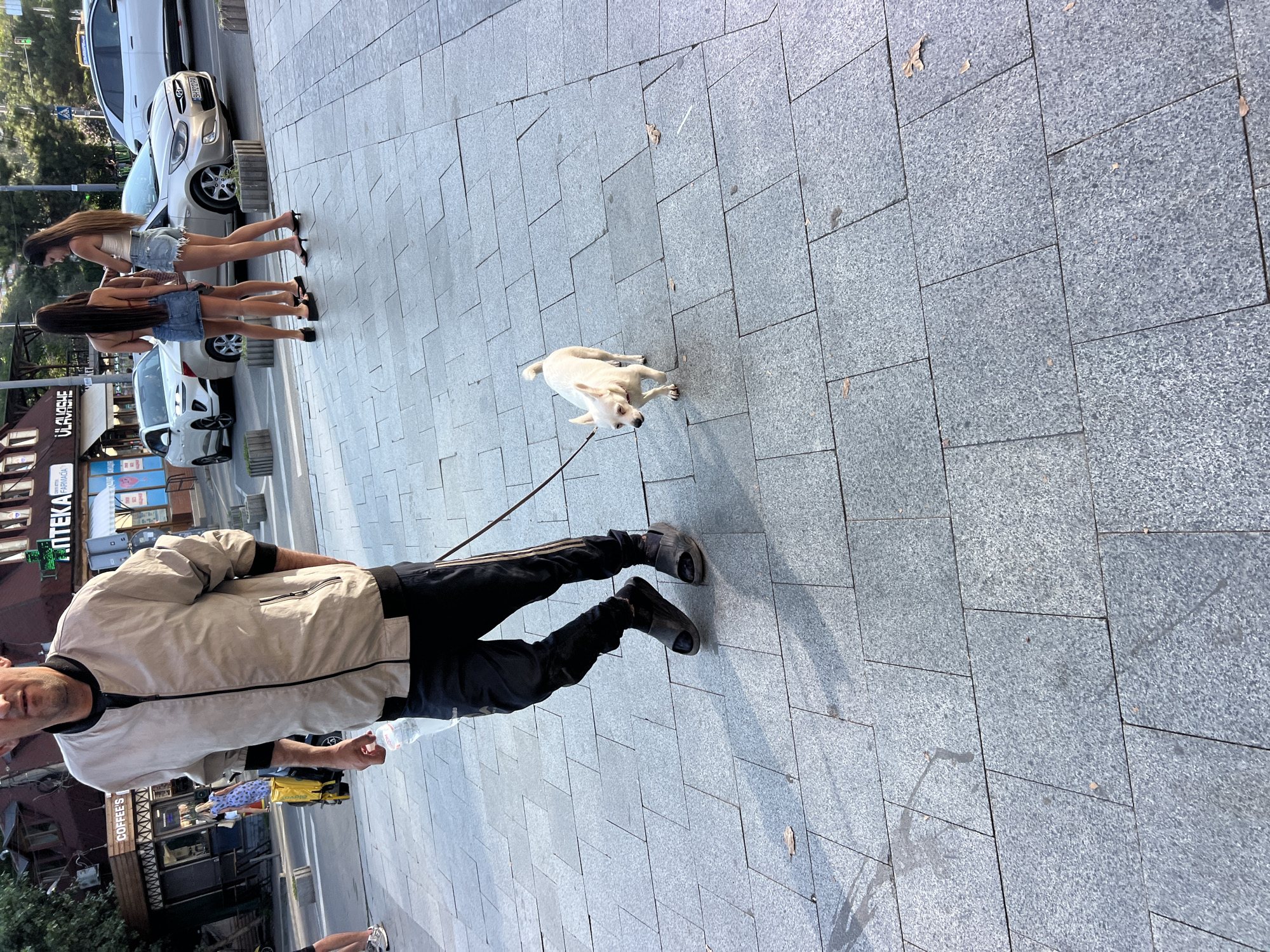A man wearing a light-colored bomber jacket, black pants with a white stripe, and dark sandals is walking a small, light-colored dog on a leash on a gray, tiled sidewalk. The man is holding a clear plastic bottle of water in his left hand. In the background, three women in casual summer clothing are standing near cars. One woman wears a light-colored top and a denim skirt. Another woman wears a bikini top and a denim skirt. The third woman is partially obscured. Behind them, buildings with signage in Cyrillic, including "АПТЕКА" (Apteka - Pharmacy) and "COFFEE'S", are visible. The scene appears to be in a city, likely in Odesa, Ukraine, given the Cyrillic signage and architectural style. The lighting suggests it is daytime, with shadows cast on the sidewalk.