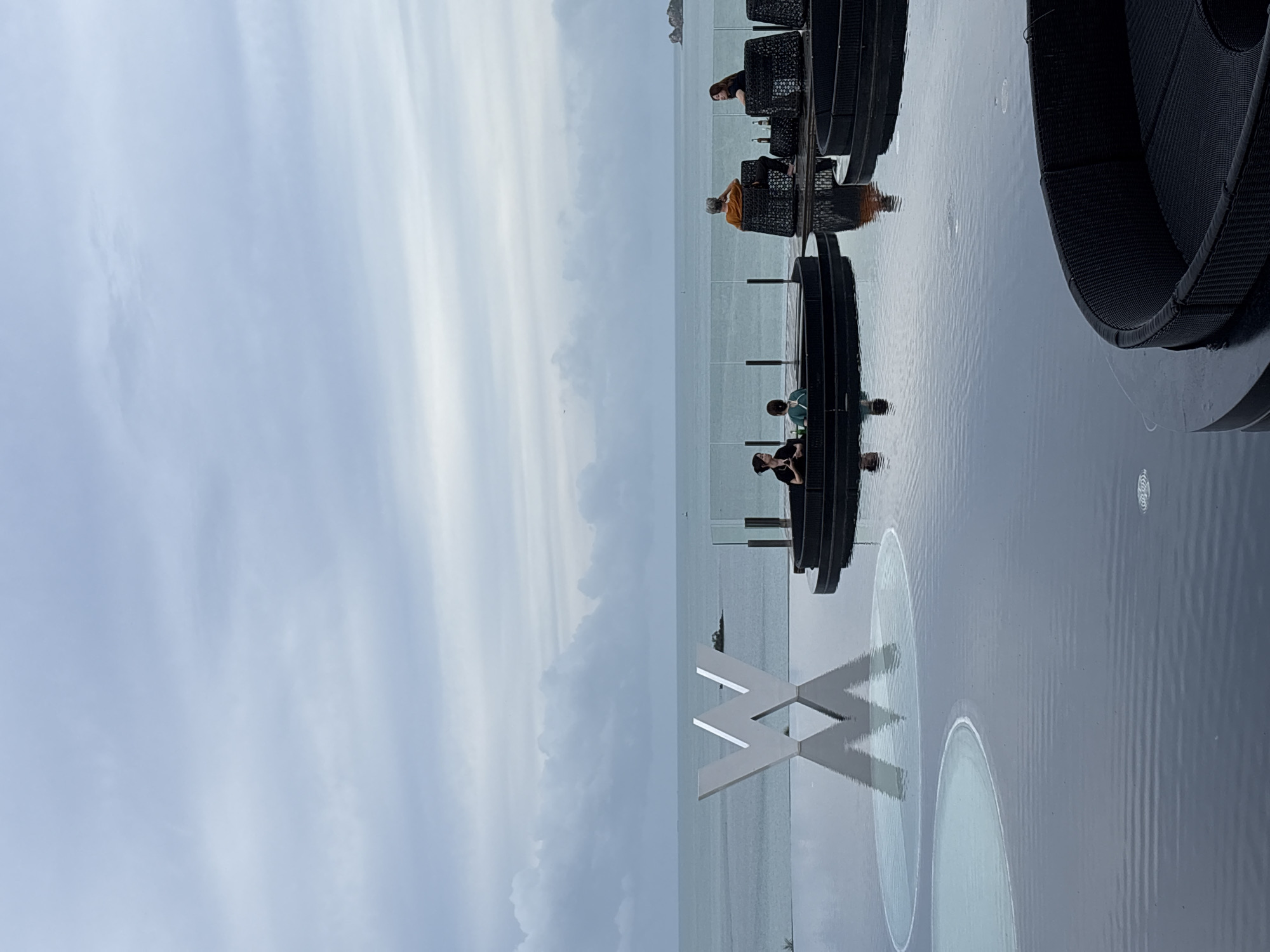 Here's a detailed description of the image:
The image presents a view in Baan Bo Phut, Thailand. The scene appears to be taken from a rooftop or elevated deck overlooking the sea, characterized by overcast skies.
Foreground details include water with some ripples, likely part of an infinity pool. Within the water, there is a white "W" logo, standing for the W hotel. Also visible in the water are reflections of the sky.
Further into the scene are lounge settings, complete with dark wicker-style chairs, and glass panels/railings that edge the water.
Several people are seated in the lounge chairs, oriented towards the sea. At least four individuals are discernible in various seating positions.
In the background, the sea meets the horizon under the cloudy sky. A few indistinct land features can be seen on the horizon.