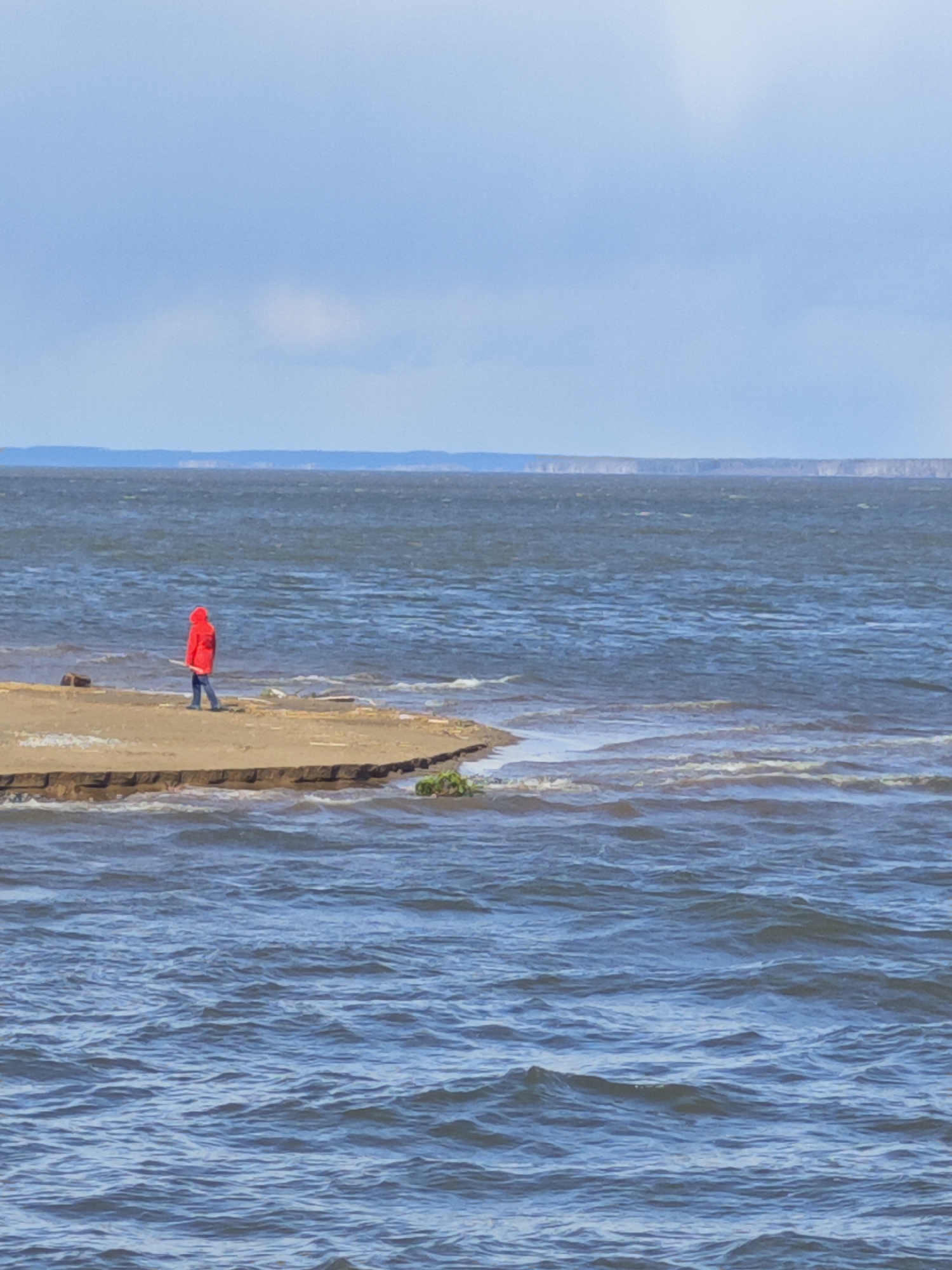 A lone individual in a vibrant red coat and dark trousers stands on a small, irregular-shaped peninsula of sandy or earthy land, which extends into a vast body of water. The person is positioned with their back slightly turned to the viewer, looking out over the water towards the left.
The water, appearing in shades of dark blue and grey, shows distinct ripples and waves, suggesting windy conditions. It surrounds the small landmass, with some frothy white edges where the waves meet the shore. Small patches of green vegetation are visible at the water's edge on the peninsula.
In the background, a low-lying, dark strip of land or cliffs stretches horizontally across the distant horizon, separating the expansive water from the sky. The sky above is a soft, light blue, predominantly covered by sparse, light-grey clouds, indicating an overcast daytime.
The scene conveys a sense of solitude or contemplation, with the bright red coat of the person providing a focal point against the muted blues and greys of the natural landscape. There is no visible text. The setting, located in Chaikovsky, Russia, is likely the Votkinsk Reservoir on the Kama River.