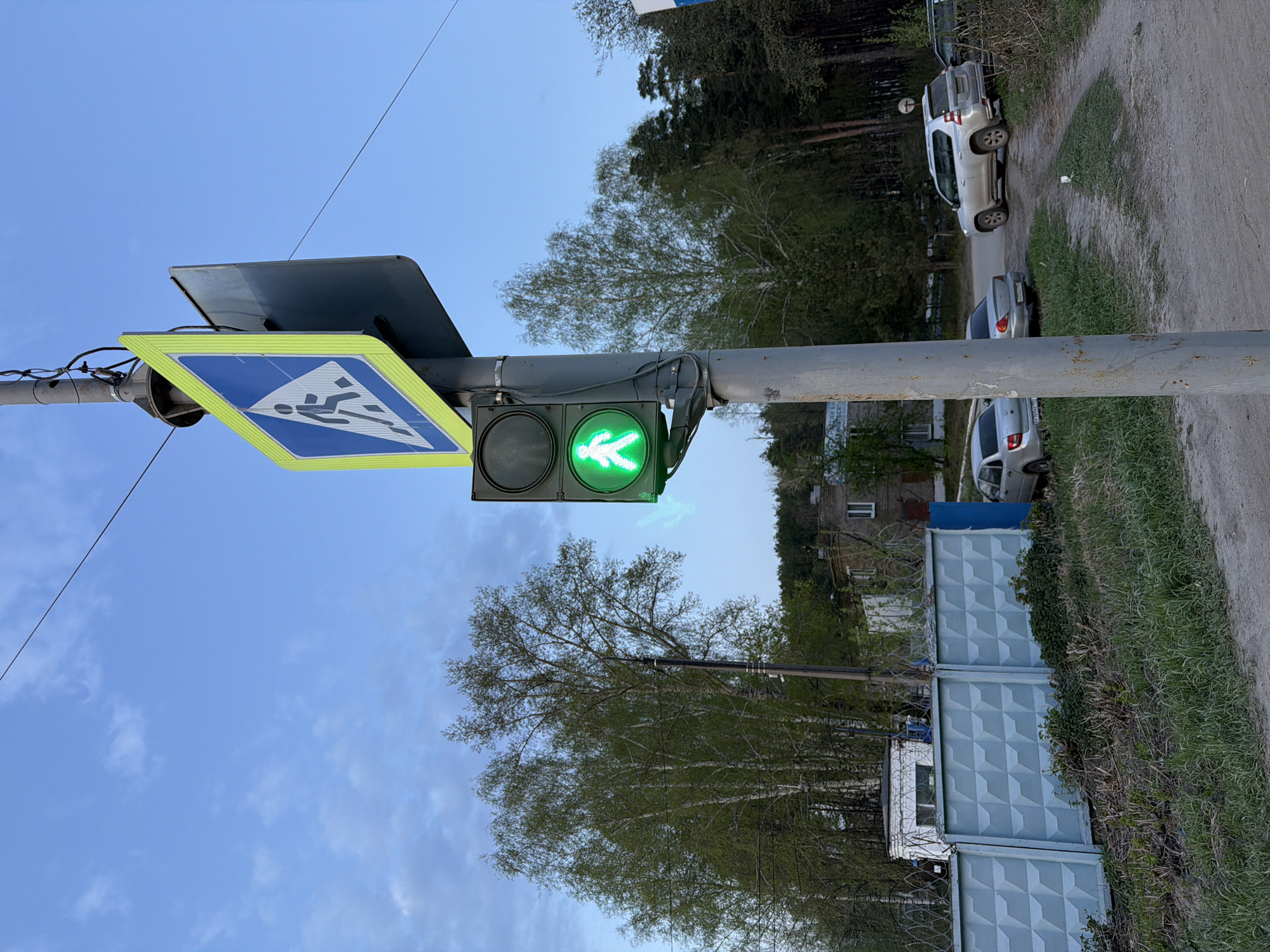 The image shows a pedestrian crosswalk signal in Chaikovsky, Russia. The signal displays a green walking person. Above the signal is a blue and yellow crosswalk sign. The scene includes trees, a blue sky with light clouds, a grey pole holding the signal and sign, a concrete fence, a building, grass, and parked cars in the background.