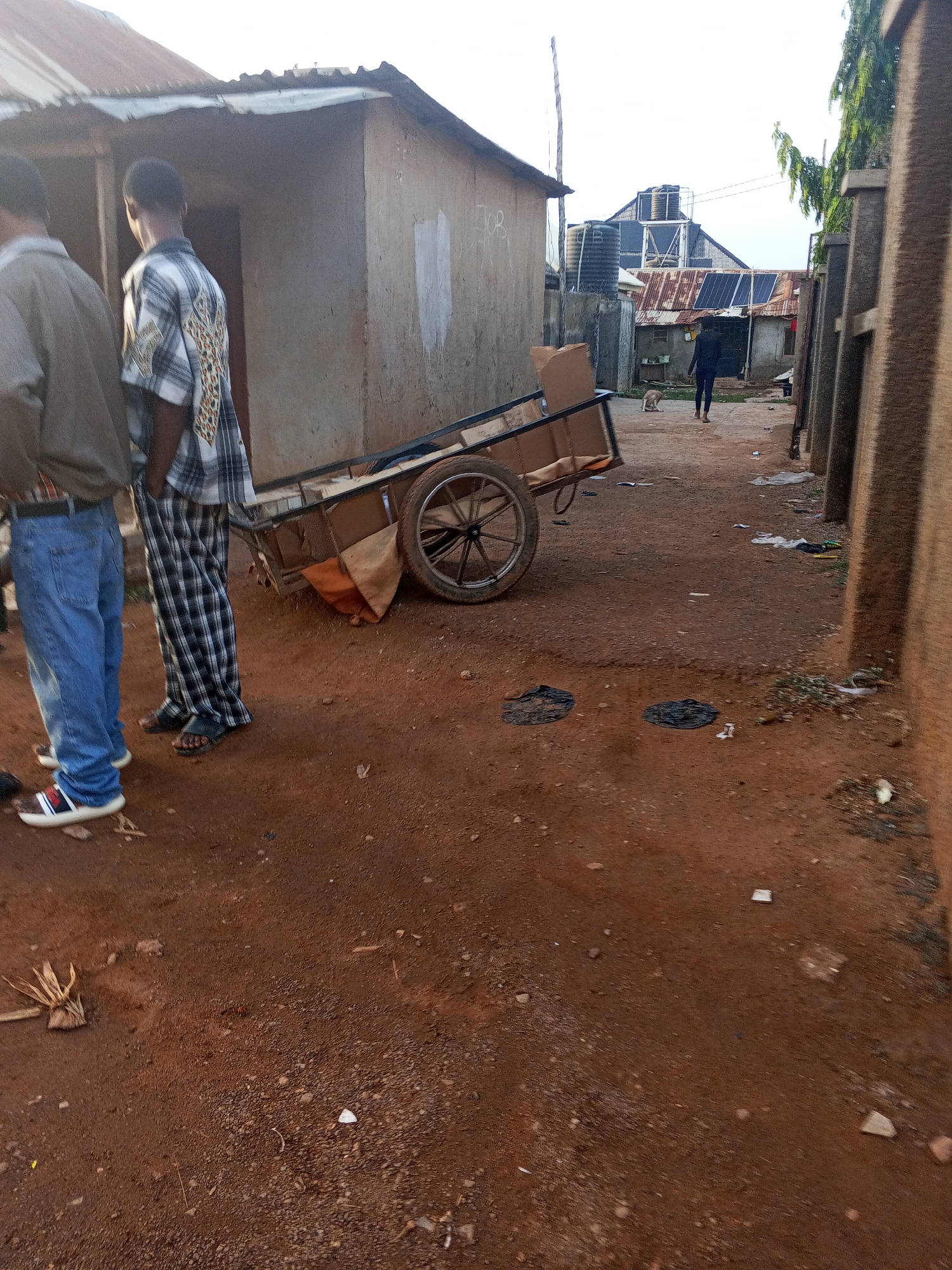 The image depicts a street scene in a residential area of Abuja, Nigeria. The ground is a reddish-brown dirt surface. In the foreground, two men are standing next to a brown, two-wheeled cart filled with cardboard. The man on the left is wearing jeans, a gray jacket, and white sneakers. The man on the right is wearing plaid pants and sandals. In the background, a person is walking down the street with a dog. The buildings are made of concrete and corrugated metal. Solar panels and water tanks are visible on the rooftops. The lighting suggests it's either early morning or late afternoon. Debris and scattered trash are visible on the ground.