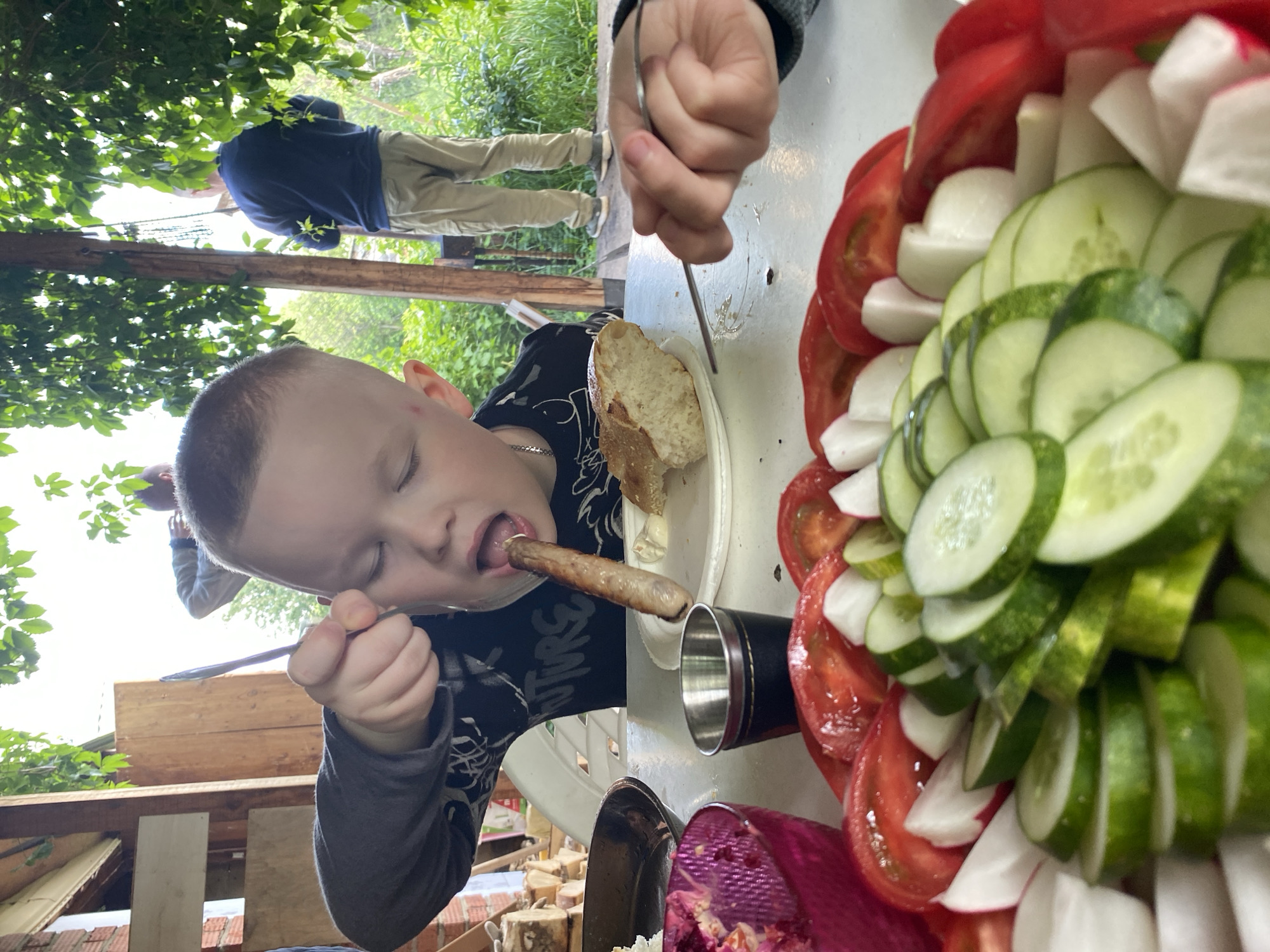An outdoor scene in Chaikovsky, Russia, captures a young boy eating during a daytime meal. The boy, with short hair and wearing a dark long-sleeved shirt with some illegible white graphics, is centered in the foreground. He holds a cooked sausage to his open mouth, actively eating. A piece of bread rests on a white plate next to him, and a fork is held in his hand.
To the right, a prominent platter of salad is artfully arranged with slices of red tomatoes, green cucumbers, and chunks of a white vegetable, likely radish or onion. A pink bowl containing another salad, possibly with purple cabbage, is also visible on the table, alongside a black metal cup. The table surface is white.
In the background, another person is partially visible from behind, wearing a blue top and light-colored pants, standing amidst lush green foliage and trees. The setting appears to be a garden or a rustic outdoor eating area, featuring wooden structures like a fence or railing and brickwork. The bright natural light suggests it is daytime. The boy appears focused on his meal, with no strong emotions discernible.