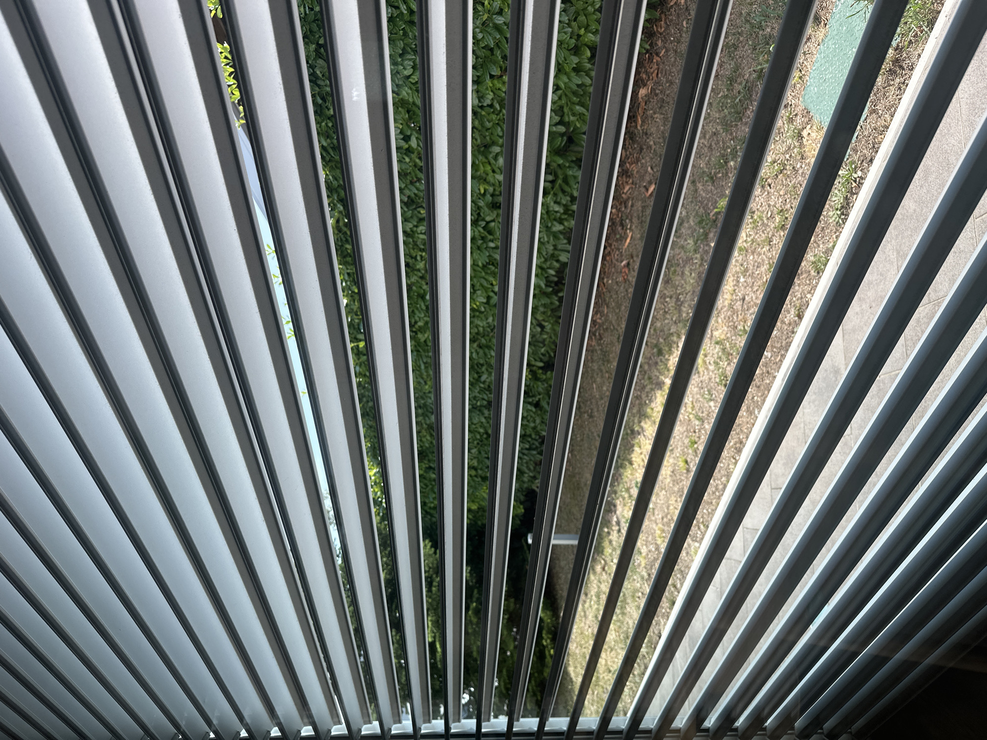 The image shows a view through horizontal blinds, likely in a residential setting. The blinds are light grey with darker grey trim. Through the slats, a green hedge or privacy fence is visible, beyond which is a patch of dry grass and some paving stones. The sky is visible in some gaps between the slats, indicating it is daytime. There are no people or animals visible in the image. The scene is devoid of specific identifying features that would place it in Trieste, Italy.