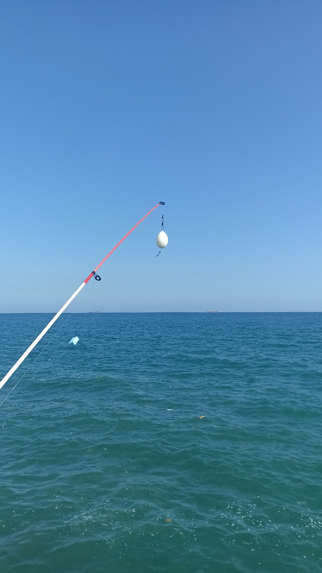 An outdoor daytime wide shot depicts a fishing rod extending over a calm, blue-green ocean under a clear, light blue sky. The white and red fishing rod originates from the lower left corner and extends diagonally towards the upper right, with a white, egg-shaped float or buoy suspended from its red tip by a blue cord. Several small, dark-colored guides are visible along the rod. In the water below the rod, a small, light blue rectangular object floats, and further to the right, a few indistinct brown specks are visible on the surface. The ocean surface exhibits minor ripples and some scattered white foam. The horizon line, visible in the mid-ground, separates the water from the sky. Several large cargo ships or tankers appear as dark silhouettes on the distant horizon. No individuals are present in the frame. The scene is illuminated by bright daylight. The location is an open sea, offshore from the city of Unknown, Unknown.