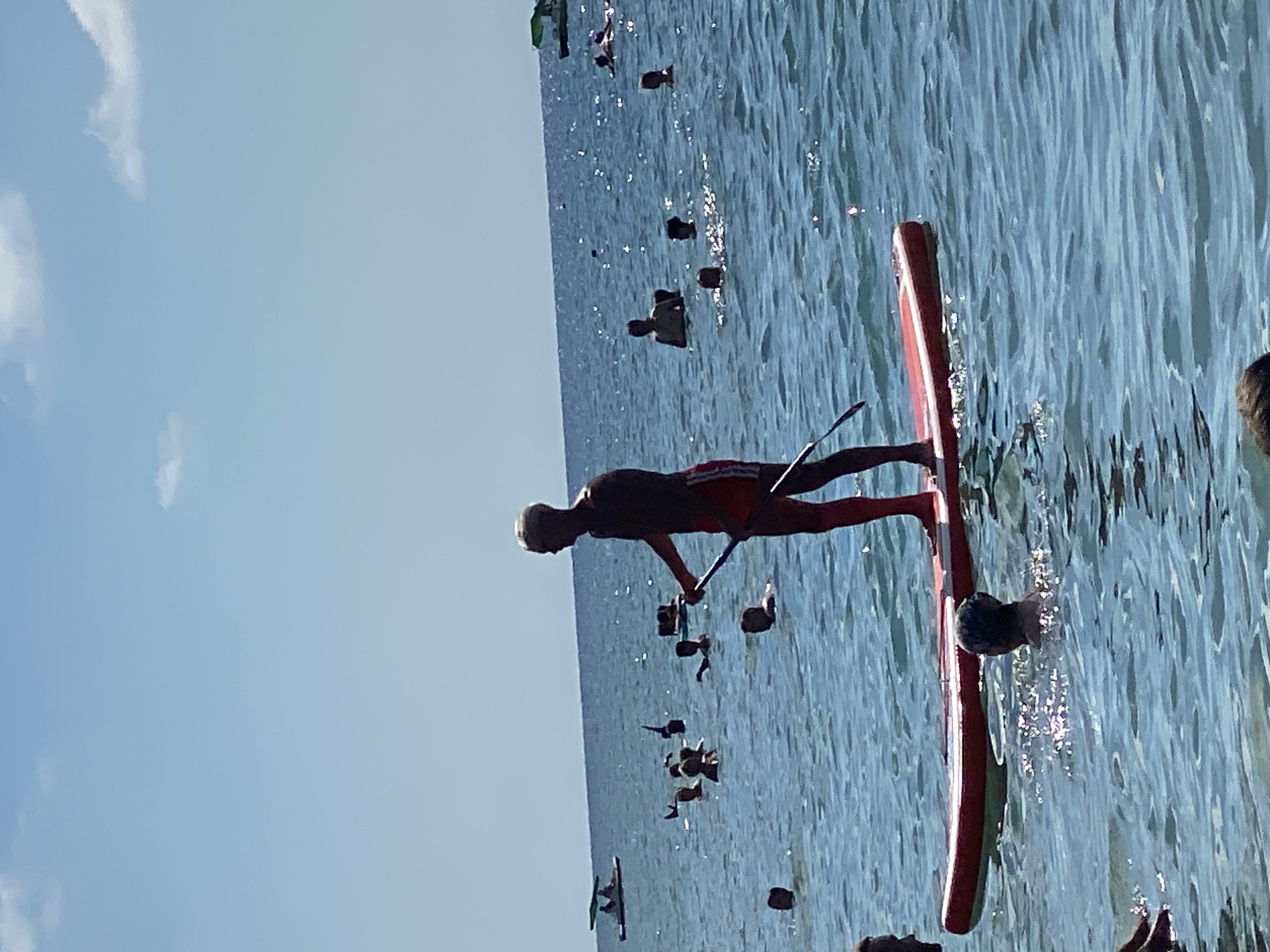 The image depicts a bright, sunny day at the beach in Arkhipo-Osipovka, Russia. The sea is calm with a clear blue sky overhead, dotted with a few white clouds. In the foreground, a person is stand-up paddleboarding on a red and white paddleboard, holding a paddle. The person is silhouetted against the bright sky, wearing red shorts. Numerous other people are visible in the water, some swimming, and some with their heads above water. In the distance, a small boat with an umbrella is on the water, and another watercraft is partially visible on the far right. The scene conveys a typical summer day at a popular coastal resort.