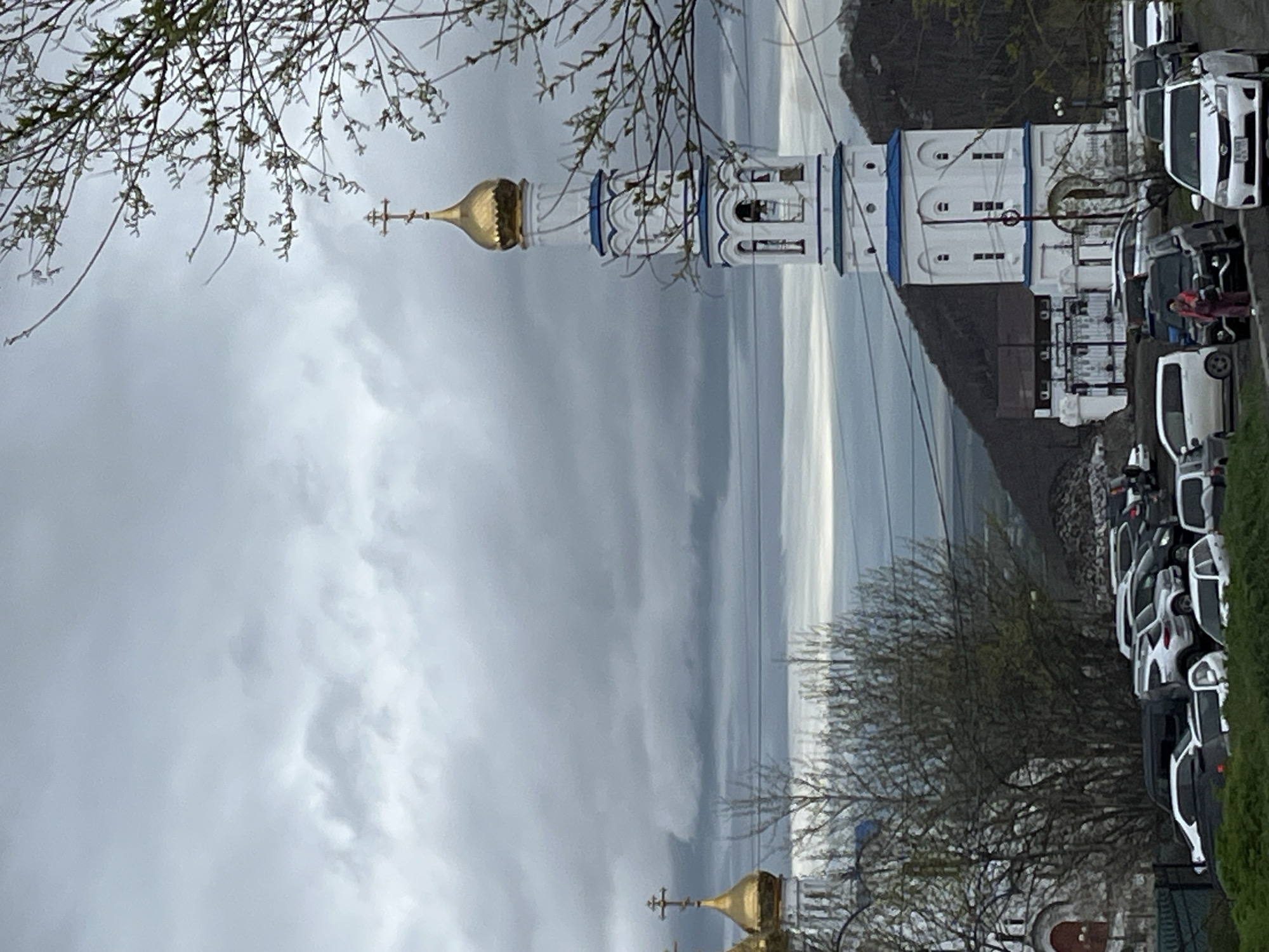 The image, when viewed in its correct vertical orientation, depicts an outdoor scene dominated by an Orthodox Christian church bell tower under an overcast sky. The prominent bell tower, positioned to the left of the frame, is white with distinctive blue trim along its cornices and arches. It features a golden onion-shaped dome crowned with a golden cross. The tower includes several arched openings, typical of bell towers, and decorative architectural details.
In the upper left foreground, bare tree branches with nascent green buds extend into the scene, suggesting early spring. Another, smaller golden dome with a cross is partially visible in the lower left corner, indicating another structure within the church complex.
The sky is heavily overcast with dense, grey clouds, creating a diffused light across the landscape. A range of hills or mountains is visible in the mid-ground, stretching across the horizon. To the right of the bell tower, a parking lot is filled with numerous parked vehicles, most of which are white, though some darker cars are also present. One person, dressed in a reddish jacket, can be seen standing among the parked cars.
The scene conveys a quiet, possibly daytime atmosphere on a cloudy day. The architectural style of the church is consistent with Orthodox Christian structures found in Russia. There is no visible text in the image.