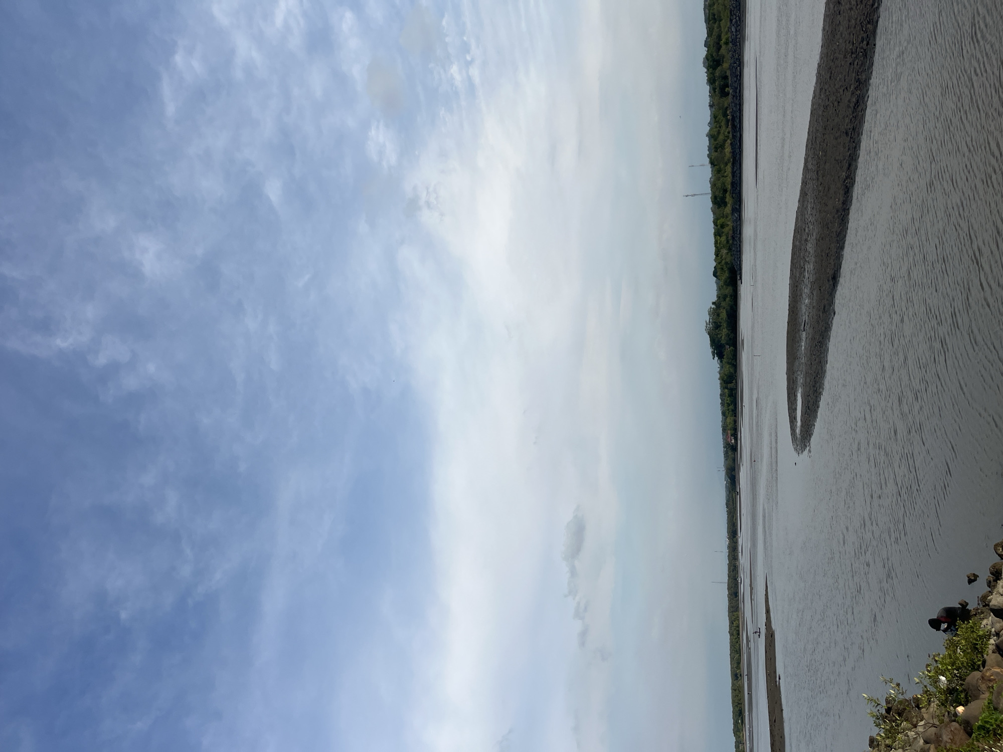 The image shows a view of a body of water with a muddy shore. The sky is partly cloudy, with a mix of blue and white clouds. A strip of trees runs along the horizon. The water appears shallow in places, with areas of exposed mud. There is a grassy shoreline on the right side of the image. The location may be Lhokseumawe, Indonesia. There is no visible indication of people, specific actions, or interactions in the image.