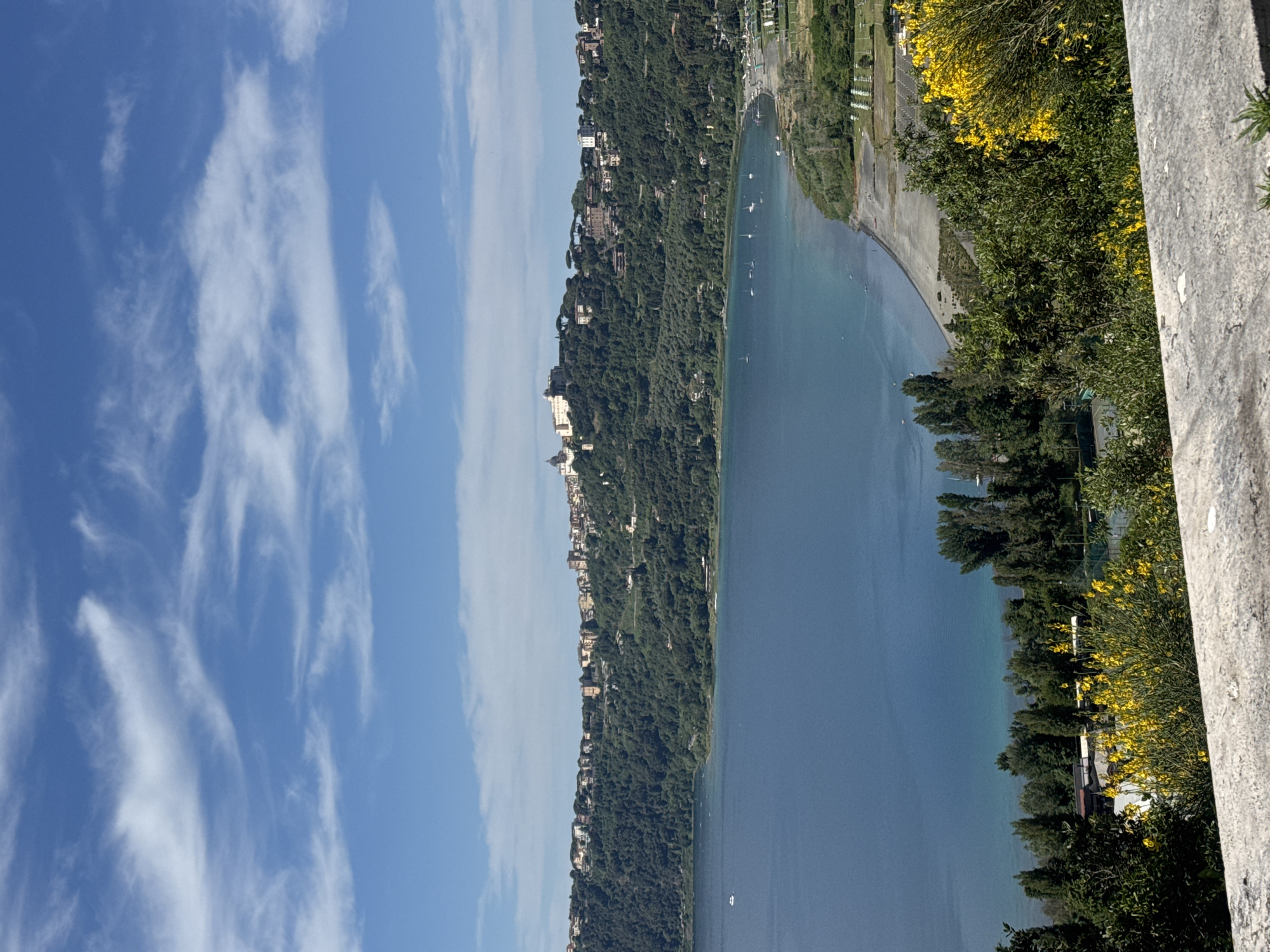 The image captures a scenic view of Castel Gandolfo, Italy. A calm lake is the central focus, with the town's buildings visible along the forested hills in the background. The sky is bright blue with streaks of white clouds. In the foreground, foliage including trees and flowering plants are to the right, partially obscuring the view from a stone structure. Some small boats are visible on the water. The scene appears peaceful and serene, showcasing the natural beauty of the Italian countryside.