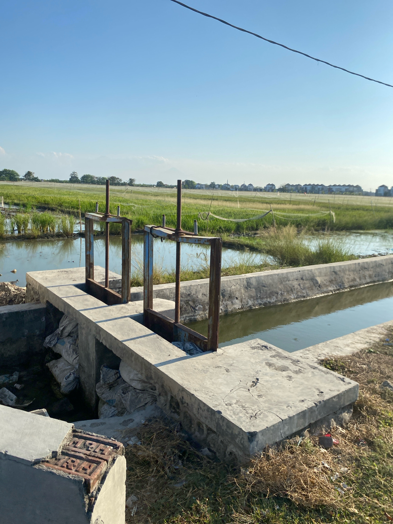 The image depicts a concrete water management structure, likely a sluice gate, situated in the rural outskirts of Gisik Cemandi, Indonesia. The structure features two rusty metal frames with screw mechanisms, positioned over a channel of water. The surrounding environment is agricultural, with rice paddies or similar crops visible in the background under a clear blue sky. Evidence of human activity and some disarray is present, with sandbags and debris along the edge of the concrete structure. In the distance, residential buildings and a line of trees suggest the proximity of a populated area. The scene is captured in daylight, with the sun casting shadows.