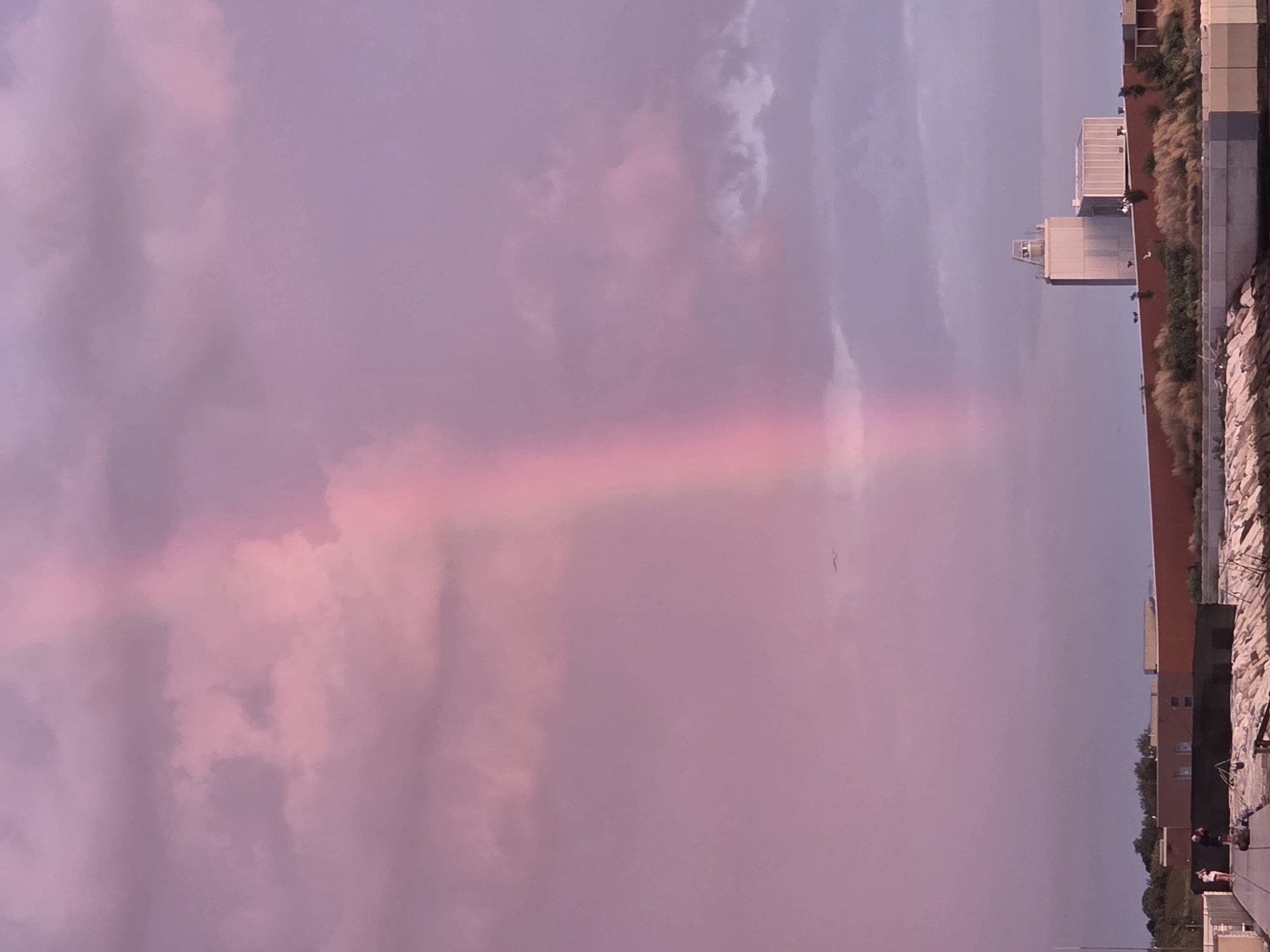 A pink rainbow arcs across a cloudy sky, casting a soft glow over a cityscape. In the foreground, a body of water reflects the dusky light. Beyond the water, low-rise buildings with red brick facades line the shore. A taller, modern structure with a silver tower stands out against the horizon. A narrow walkway with a few people on it is visible in the lower left corner, suggesting a public area. A bird can be seen in flight against the colorful sky, adding a dynamic element to the otherwise still scene. The overall impression is one of a serene, twilight moment in a coastal city.
