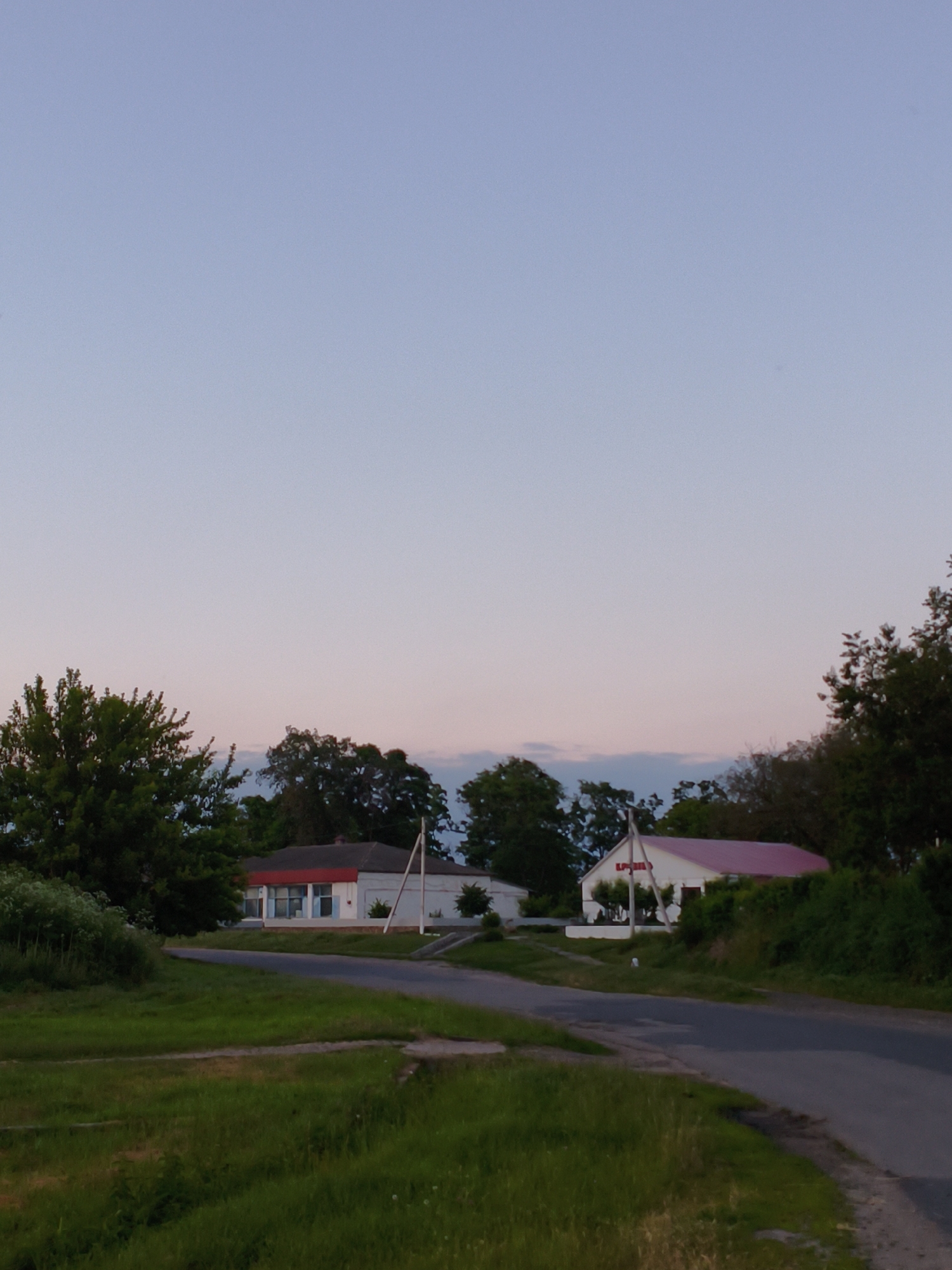 The image depicts a rural scene in Ustyvytsia, Ukraine, at dusk. The sky displays a gradient of pale blue to pink. In the foreground, a paved road curves from the right into the scene, bordered by a grassy verge. Two buildings are visible. The building on the left is white with a red roof and has several windows. The building on the right is larger, also white with a red roof, and features red lettering above its windows. Both structures appear to be businesses or community buildings. Dense green trees and vegetation surround the buildings and line the landscape. A single utility pole stands to the right of the rightmost building. The overall impression is one of a quiet evening in a Ukrainian village.