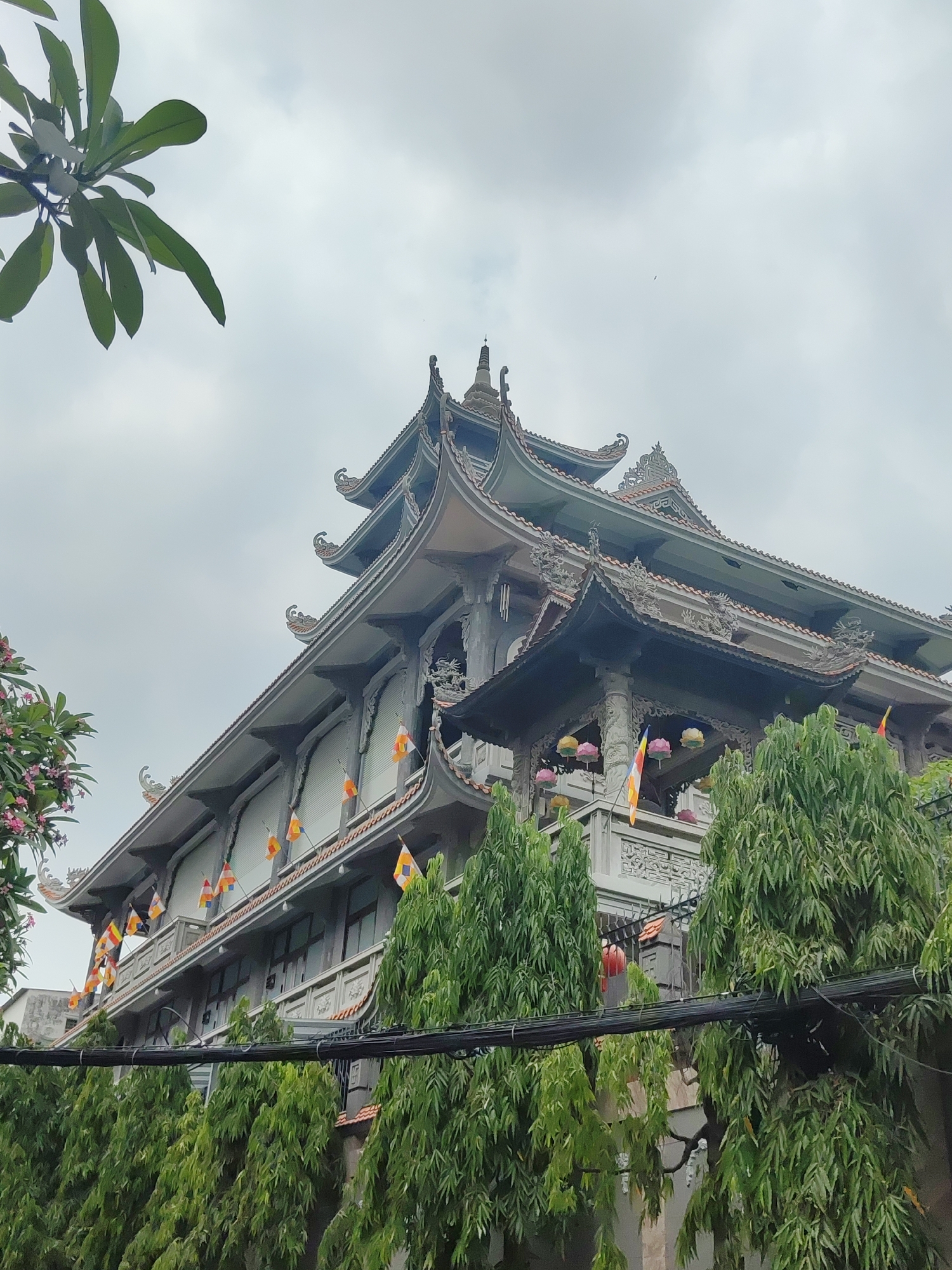 The image depicts a multi-tiered building in Thủ Đức, Vietnam, against an overcast sky. The architecture features ornate, upturned eaves and a pagoda-like structure. Flags are hanging from the building’s edges, and various plants, including trees, a leafy branch, and pink flowers, partially obscure the lower portions of the building. Power lines are visible in the foreground.