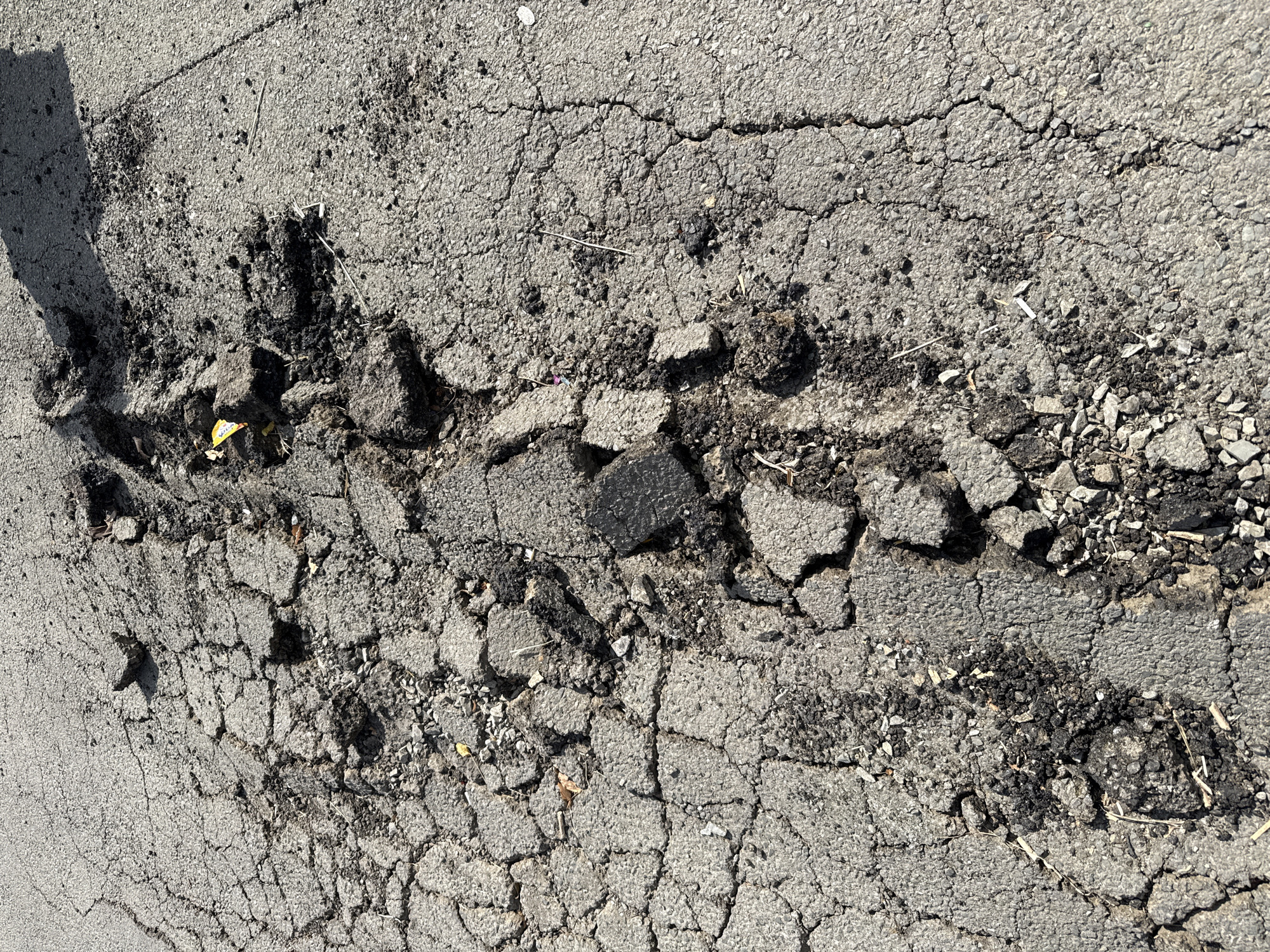 The image shows a damaged asphalt surface with a deep, irregular crack running diagonally from the top left to the bottom right. The crack is filled with loose debris, including dark chunks of asphalt, gravel, and some dried vegetation. Several pieces of asphalt have broken off and are scattered around the main fissure, creating a rough and uneven texture. The surrounding asphalt also exhibits extensive cracking, forming a mosaic-like pattern of smaller, fractured sections. The lighting suggests it is daytime, casting a shadow from an unseen object on the upper right portion of the image. The scene appears to be a section of road or pavement in disrepair.