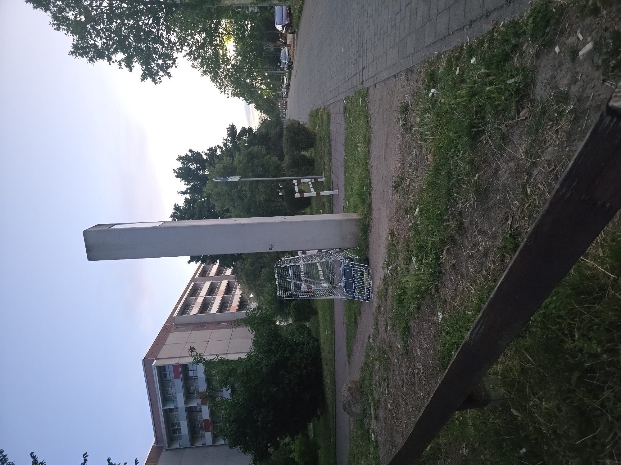 The image depicts an outdoor scene in Weißenfels, Germany, on a paved walkway next to a street lined with parked cars and trees. In the foreground, a shopping cart is tilted on its side on a patch of grass and dirt. Behind the shopping cart, a tall, rectangular concrete pillar stands vertically. Further back, a multi-story apartment building with balconies is visible, surrounded by trees and bushes. The sky is overcast with soft light, suggesting either early morning or late evening.