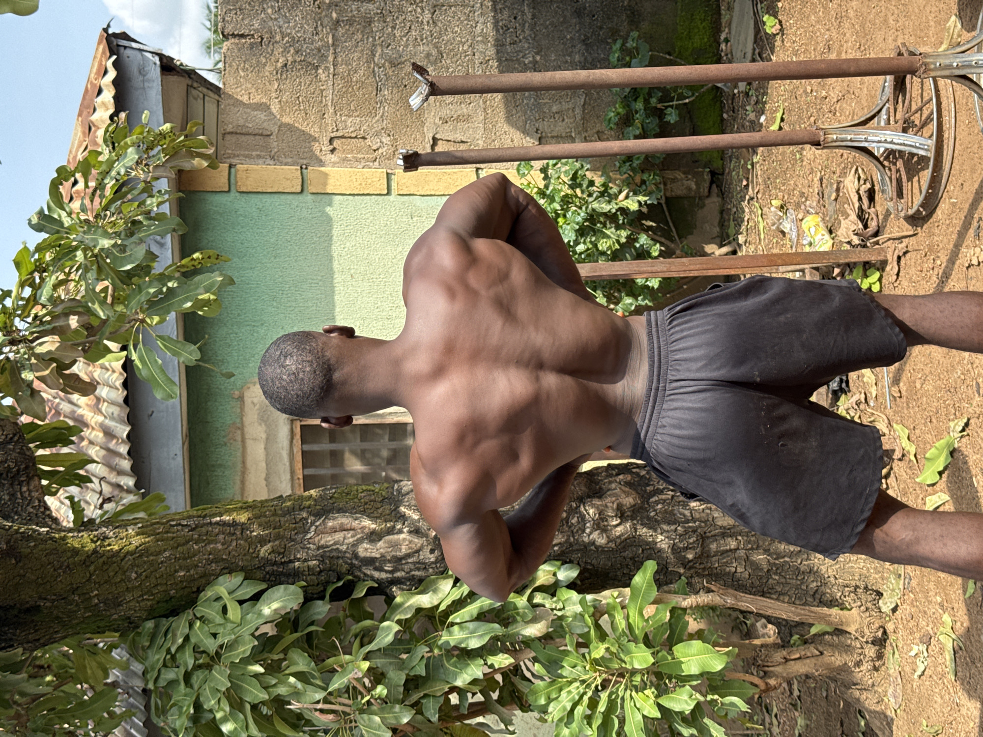 In Akwanga, Nigeria, a shirtless Black man with muscular definition stands outdoors, viewed from the back, facing away from the camera. He wears black athletic shorts. The man is positioned next to a large tree with rough bark and lush green leaves. In the background, a green building with a corrugated metal roof and yellow trim is visible. To the right of the man, two rusty metal poles with circular bases stand in the dirt. The ground is covered with dry leaves and scattered debris. The lighting suggests it is daytime, with sunlight casting shadows.