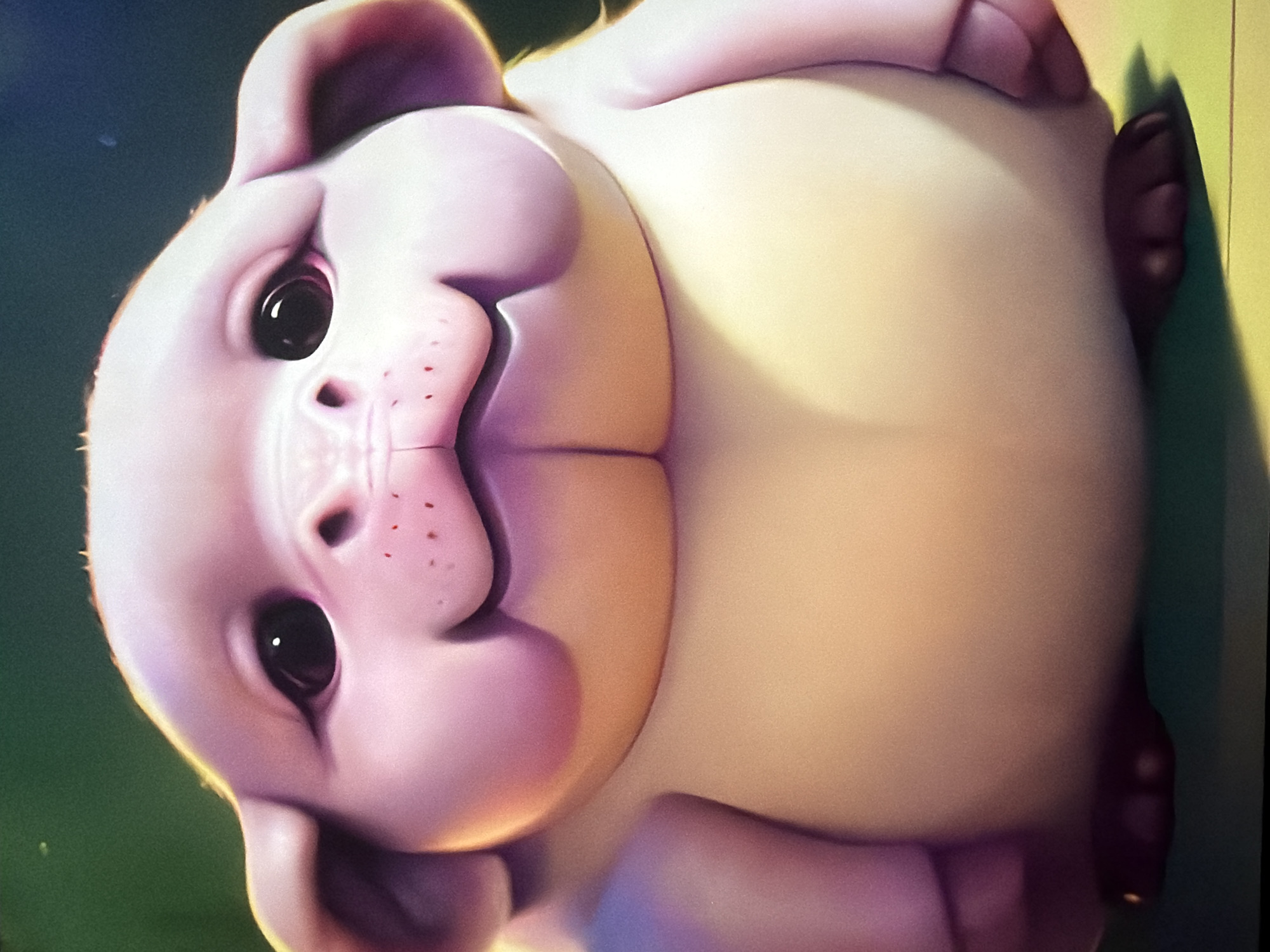 This is a close-up, digitally rendered image of a plump, pink, cartoonish creature. The creature has large, dark eyes, a small nose with visible dots, and a wide, smiling mouth with prominent cheek bulges. Its ears are rounded and stick out from the sides of its head. The creature's body is bulbous and transitions from pink on its head and limbs to a creamy yellow on its torso. The background is a soft, blurred green, suggesting an outdoor or natural environment. There is no identifiable context related to the city of Kyiv, Ukraine, or any specific location.