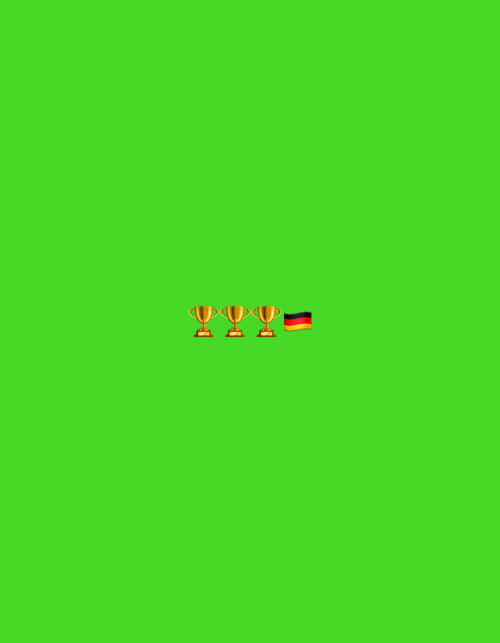 A green background features three golden trophy emojis and a German flag emoji arranged in a horizontal line. The trophies are identical, with a cup on a stem, and are placed to the left of the flag. The scene is set against a solid green backdrop with no discernable environmental context, and there are no people or actions depicted. This image is not located in the city of Ruse, Bulgaria, as it is a digital graphic.