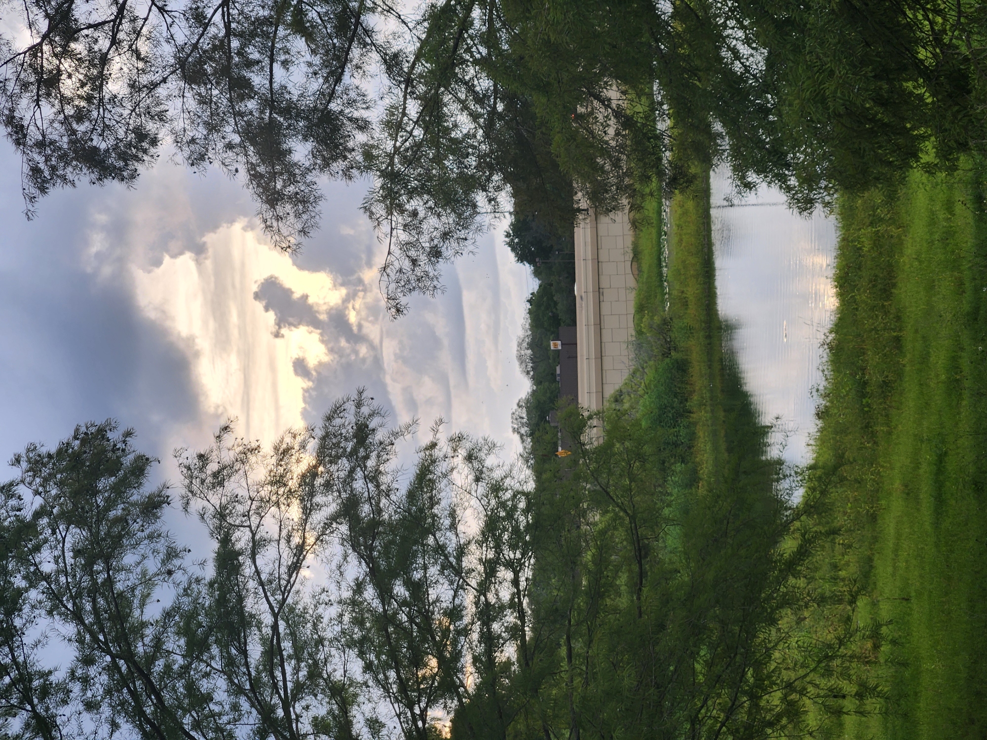 The image depicts a natural landscape in Altamonte Springs, United States of America, featuring a calm body of water reflecting the sky, surrounded by lush green grass and trees. The sky is partly cloudy with sunlight breaking through the clouds, creating a dramatic effect. In the background, a concrete barrier or wall with a textured pattern is visible, suggesting the presence of infrastructure like a highway or overpass. The overall scene evokes a sense of tranquility and natural beauty, with a hint of urban development in the distance. There are no people or animals visible in the frame.