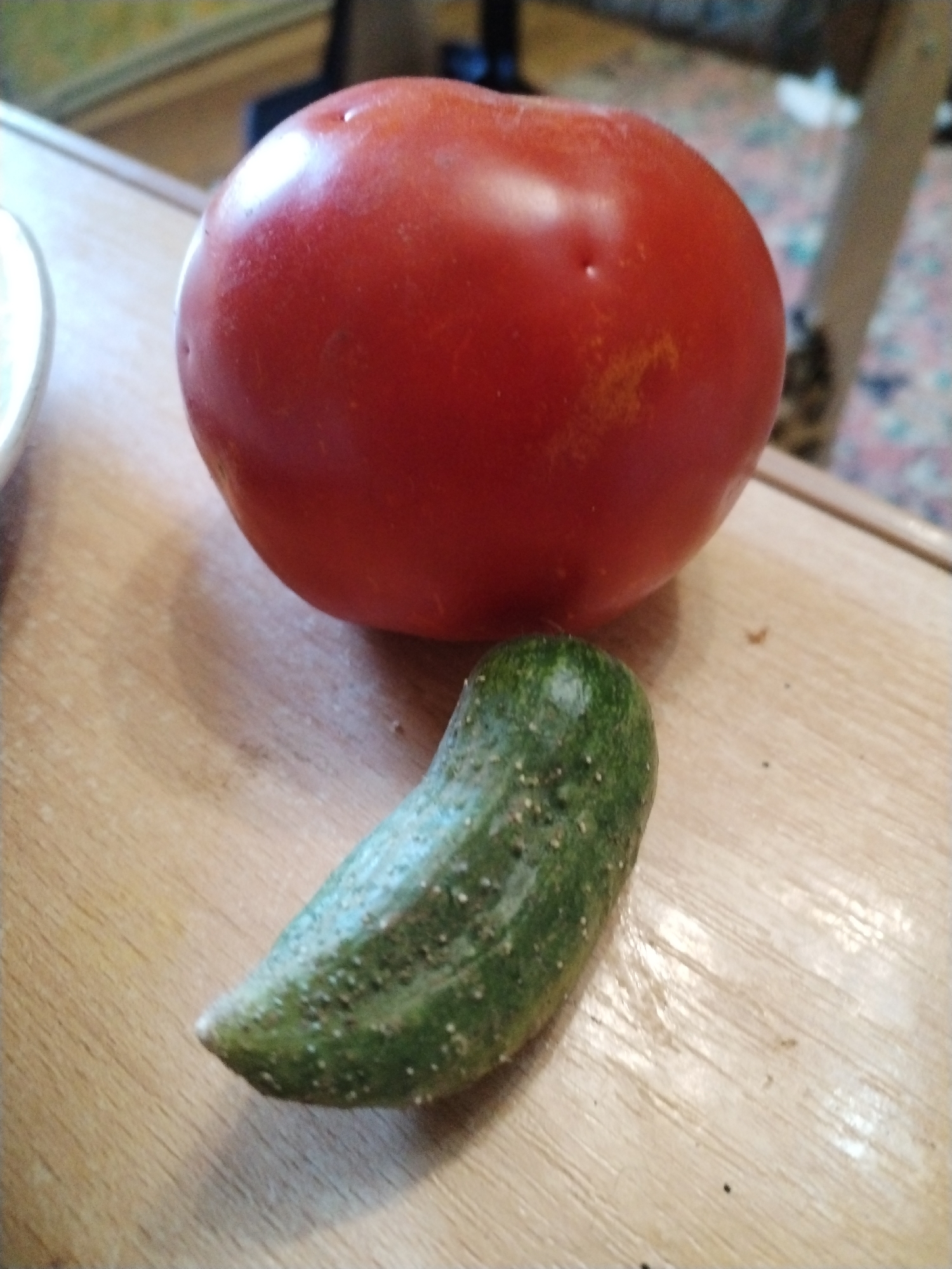 A close-up, eye-level shot features a ripe red tomato and a small, bumpy green cucumber placed on a light-colored wooden surface. The tomato, positioned above and slightly to the left, is round and smooth with subtle orange tinges and a small dimple. The cucumber, situated below the tomato, is curved and appears to have a slightly prickly texture. The background is blurred, showing hints of furniture with a patterned rug. The lighting suggests a casual indoor setting. No people are visible, and no actions or interactions are depicted. The location is identified as Unknown, Unknown.