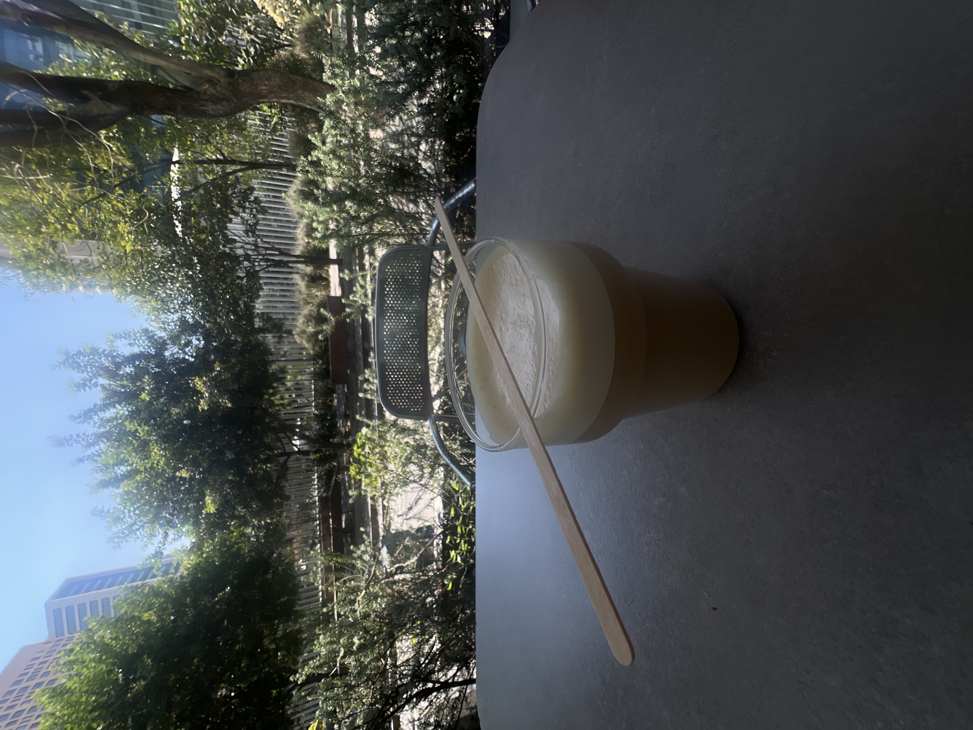 A tan-colored drink in a clear plastic cup is on a gray table, with a wooden stir stick. The background is a lush green outdoor scene with trees and buildings. The location is likely Mexico City, Mexico, based on the architecture of the buildings visible. There are no visible people. The subject is a beverage consumed in an urban outdoor area.