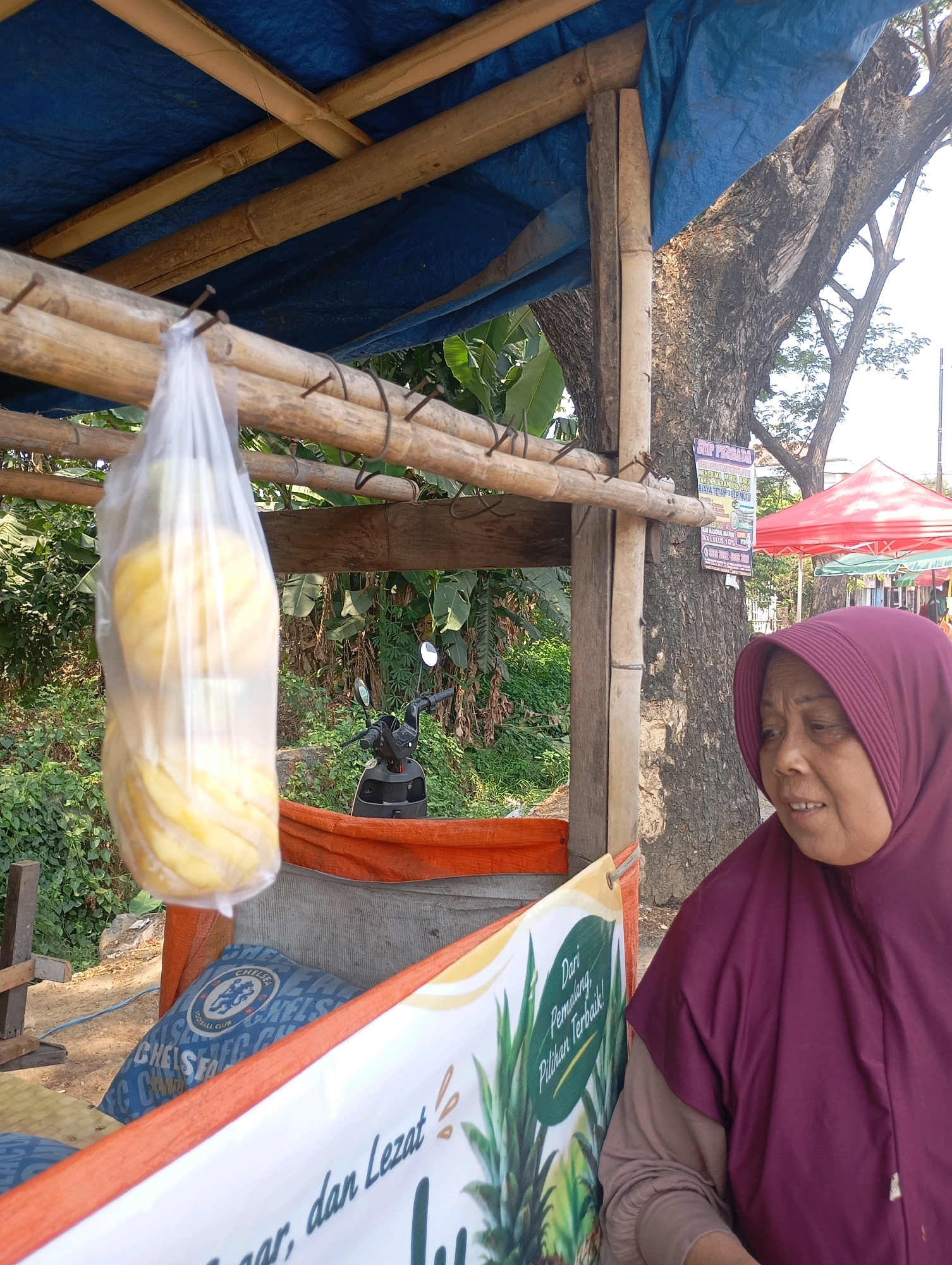 In Babelan, Indonesia, a street vendor stands near a makeshift stall constructed from bamboo and covered with a blue tarp. She is wearing a maroon hijab and a taupe shirt. In front of her, a banner with illustrations of pineapples and text in Indonesian is displayed. To the left of the vendor, a bag of sliced pineapples hangs from the bamboo structure. Behind the vendor, a motorcycle is parked. The scene is set outdoors with lush greenery and a large tree visible in the background, suggesting a warm climate.