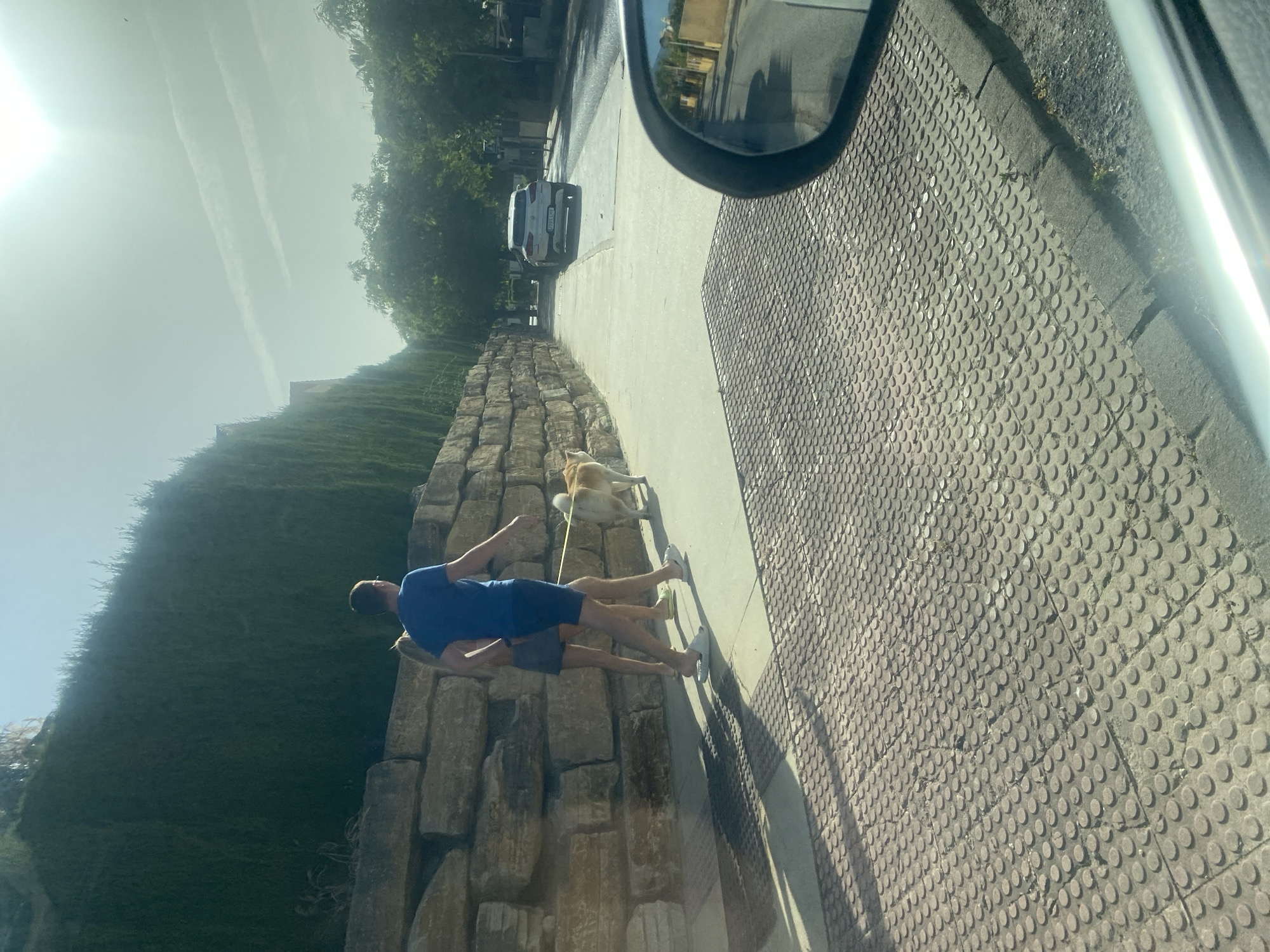 In Bel Air, Spain, a man and woman are walking their dog along a sidewalk. The man, wearing a blue t-shirt and shorts, is on the right, holding a yellow leash attached to a light brown dog with white markings. The woman, to his left, wears a grey skirt and a light-colored top. They are walking on a light-colored sidewalk with a patterned texture. Behind them, a low stone wall separates the sidewalk from a steep, tall green hedge. The sun is shining brightly, casting long shadows. In the background, a white car is parked on the road, and trees line the street. The scene appears to be from the perspective of someone in a vehicle, as a car's side mirror is visible in the lower right corner of the image, reflecting the street and buildings.
