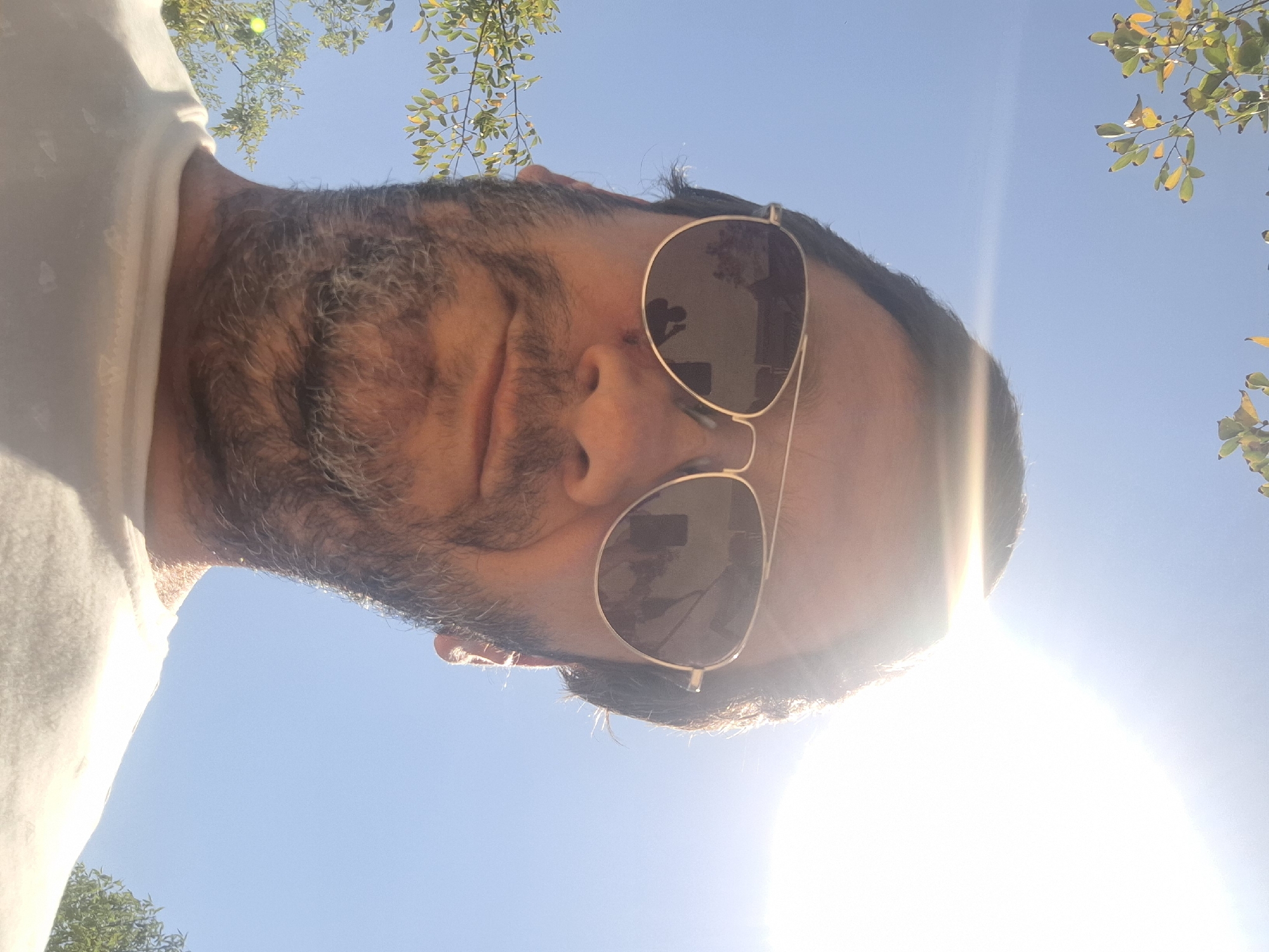 A man wearing aviator sunglasses and a white t-shirt takes a selfie outdoors under a bright sun and clear blue sky. The man has dark hair and a beard, and his left cheek shows a small mark. The sun is a strong glare in the upper right corner of the image. Green leaves from a tree are visible in the upper left and lower left portions of the frame. In the reflection of the man's sunglasses, another person holding a phone can be seen, presumably taking the selfie. The scene appears to be in Yerocham, Israel, based on the provided location.