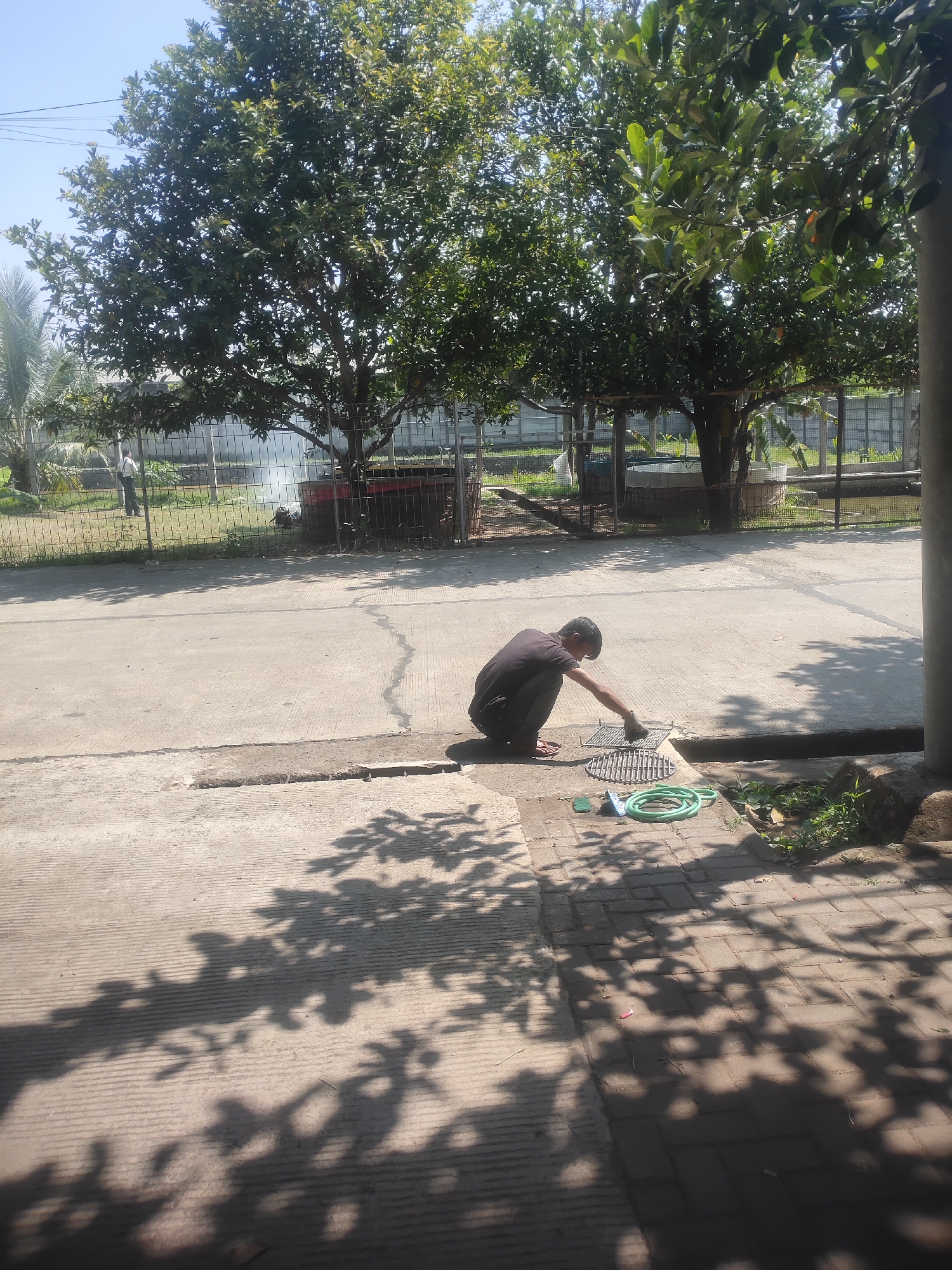 In Pataruman, Indonesia, a young person in a dark t-shirt and pants crouches on a concrete surface, cleaning a metal grill with a brush. Nearby, a green hose is coiled on the ground, and a sponge is visible. The scene is outdoors, with sunlight casting dappled shadows of leaves across the concrete and brick paving. In the background, trees with lush green foliage are prominent, and a fence encloses an area with some vegetation. The sky is clear and blue.